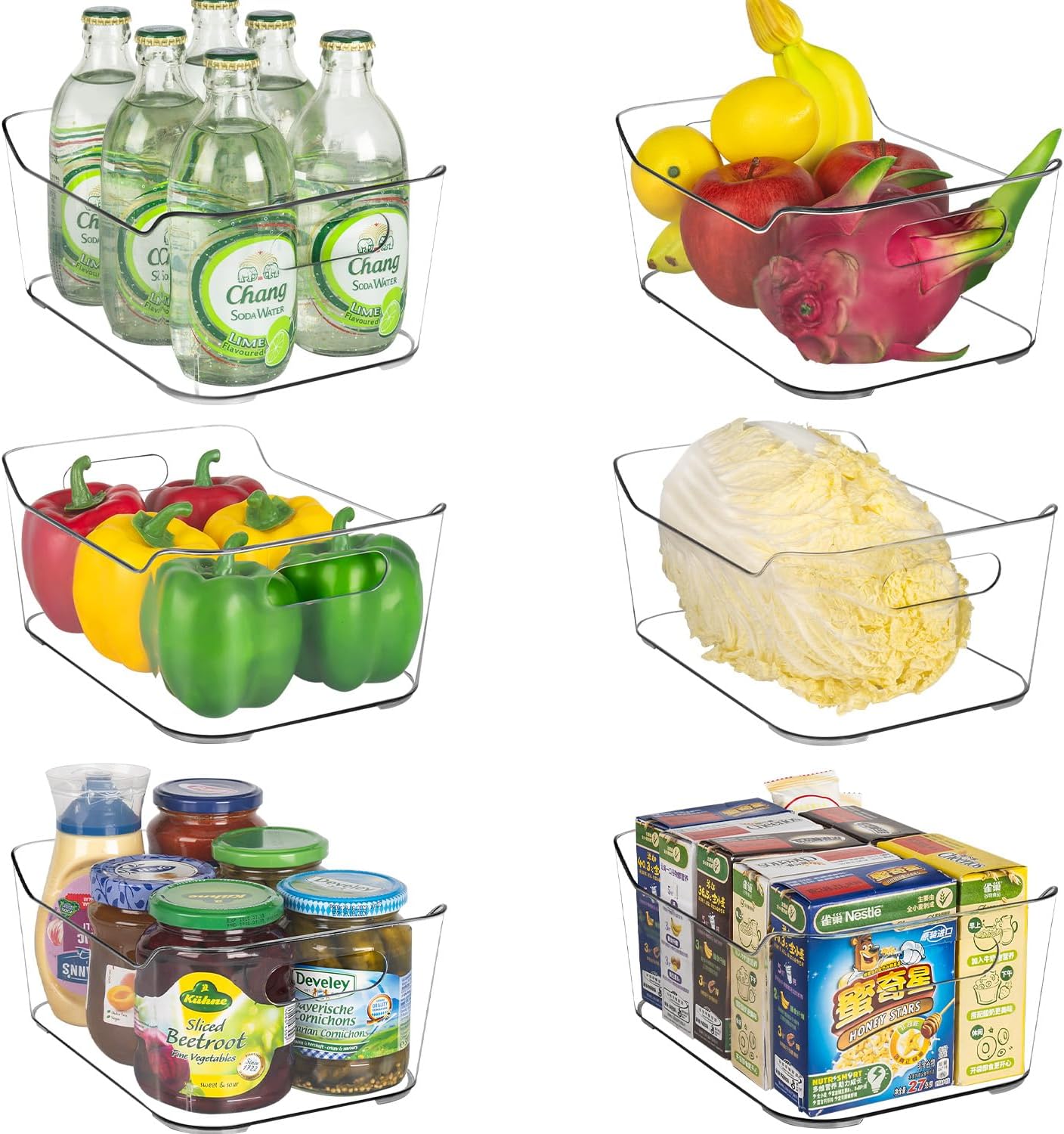 Contenedores organizadores de plástico para refrigerador, paquete de 6 contenedores organizadores multiusos para refrigerador, congelador, armario