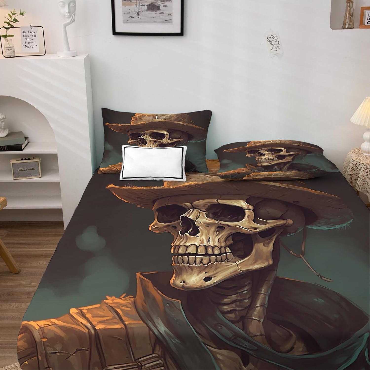 Sábanas de calavera tamaño matrimonial, sábanas y fundas de almohada con patrón de esqueleto de vaquero, bolsillo profundo de 16 pulgadas, juego de