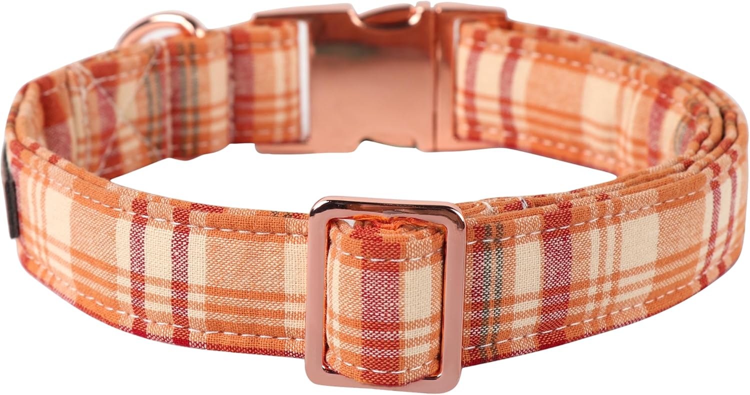 Lionet Paws Collar de perro para niño, cómodo y ajustable, lindo collar a cuadros naranja con hebilla de metal para perros machos, XL, cuello de 16
