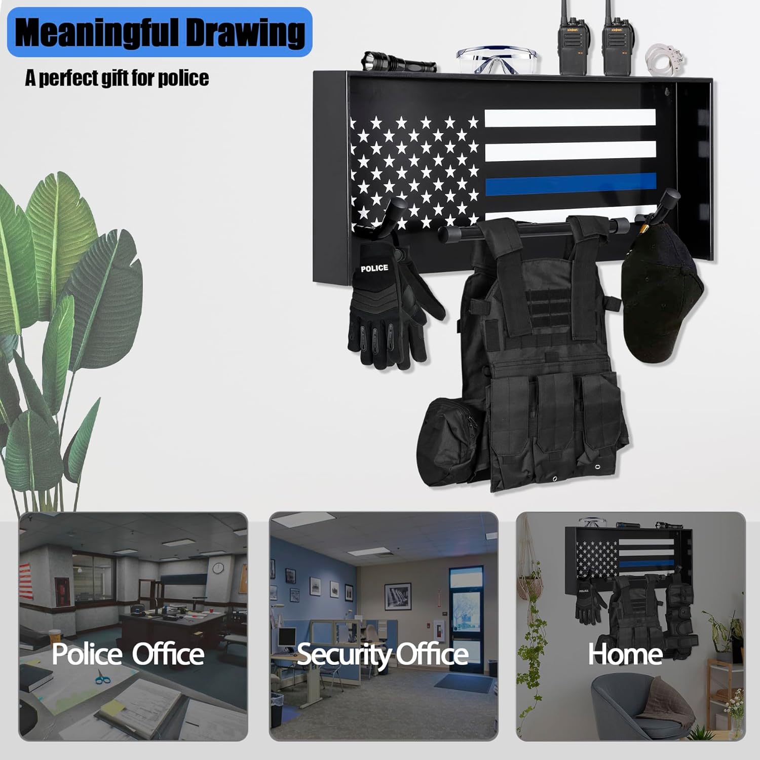 BUYYAH Police Gear Stand, Police Hanger, Tactical Duty Gear Rack with 3 Hooks, Free-Standing All Iron Frame Police Gift Decor with Flag, Black, Come