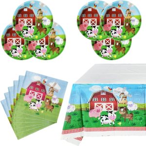 Juego de vajilla de fiesta de animales de granja, 20 platos y 20 servilletas y mantel de 71 x 42 pulgadas, suministros de decoración de fiestas Juego de vajilla de fiesta de animales de granja, 20 platos y 20 servilletas y mantel de 71 x 42 pulgadas, suministros de decoración de fiestas