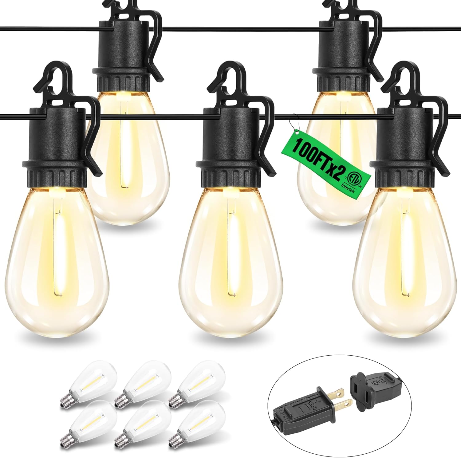 TDLOL Paquete de 2 tiras de luces para exteriores de 200 pies, impermeables, luces de patio con 70 enchufes inastillables, luces colgantes para