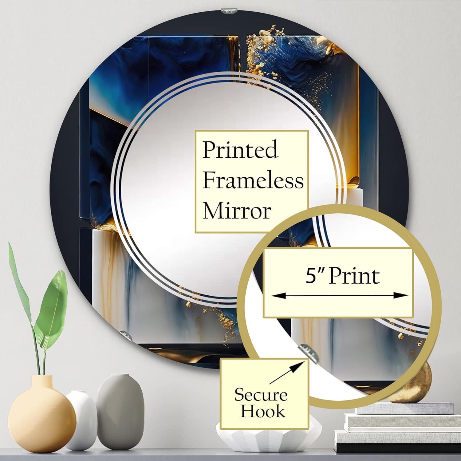 Abstract Geode Gold and Blue Marble Shape II- Vanity Mirror, Bathroom Mirrors, Wall Mirrors for Living Room, Bedroom – Round Mirror – Large 24’x24′,