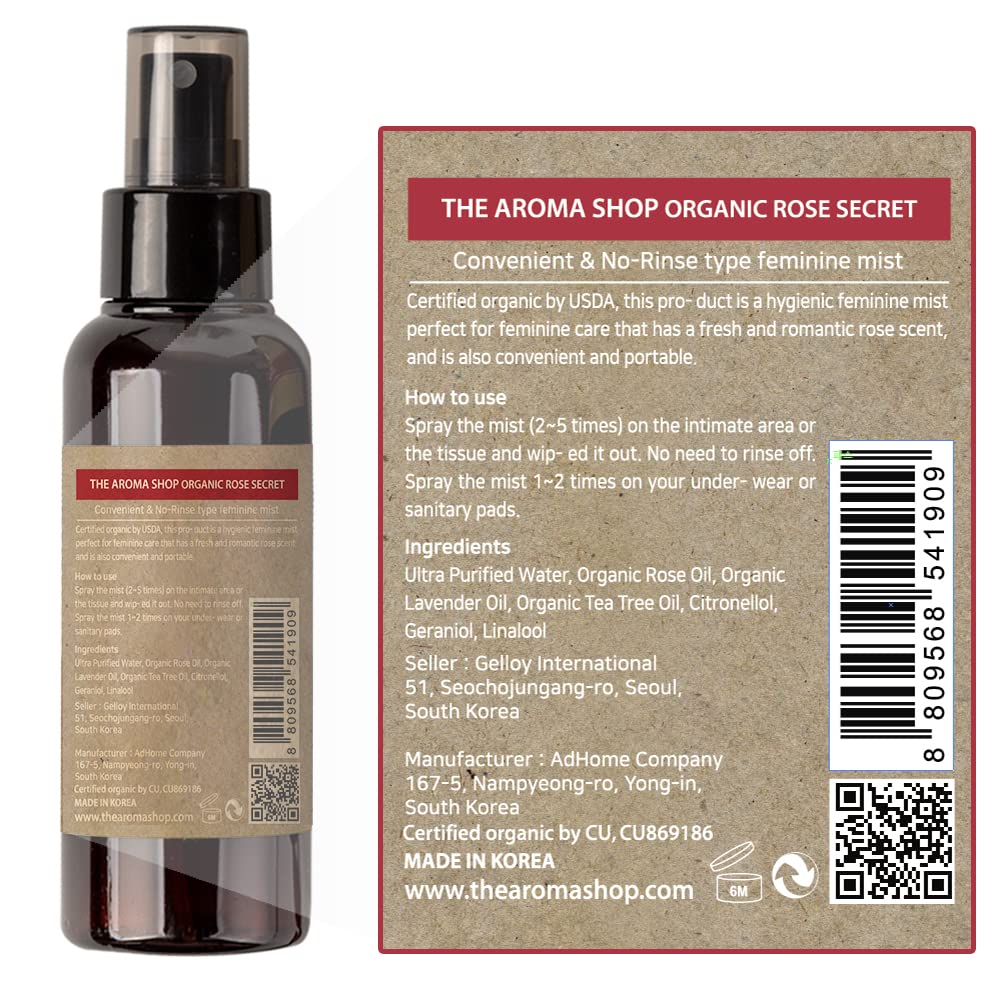 USDA TheAromaShop Organic Rose Secret, espray de higiene femenina con pH equilibrado, neutralizador de olores totalmente natural para la frescura
