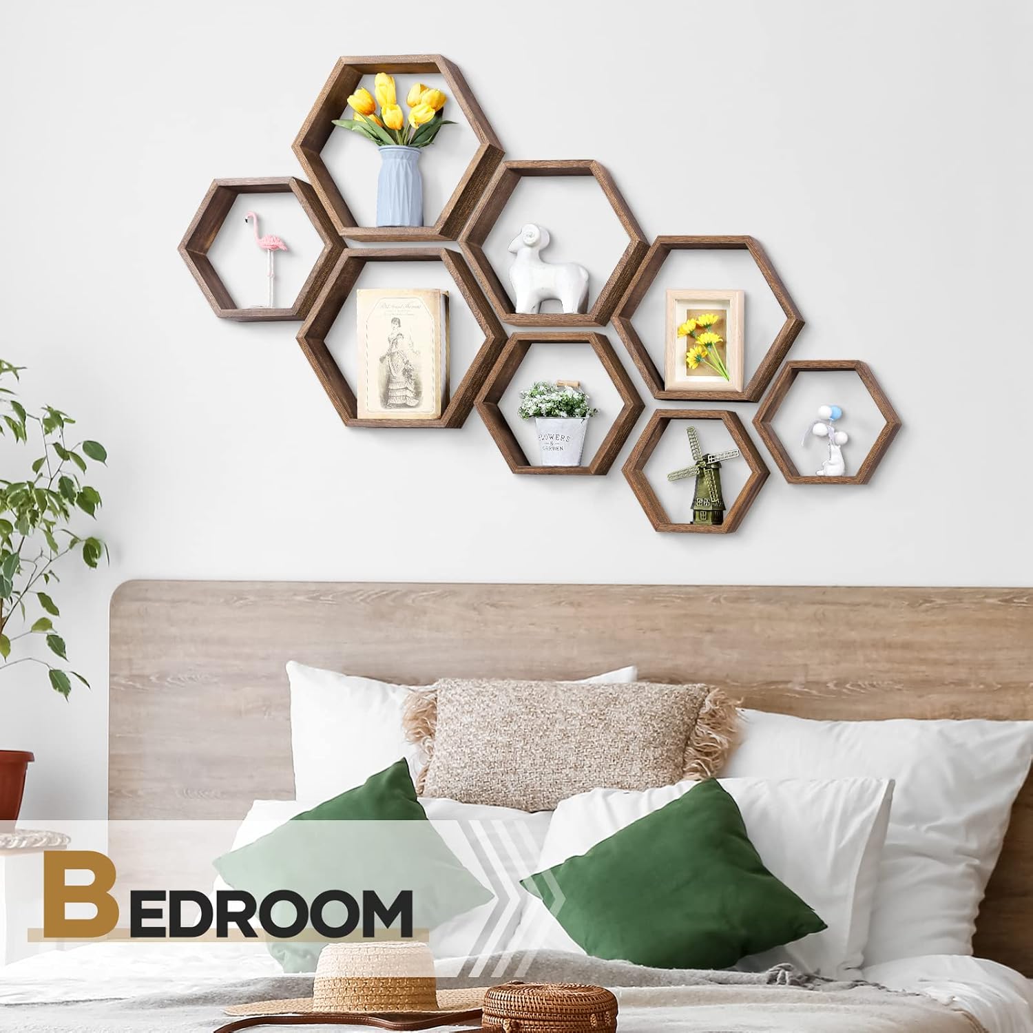 SEHERTIWY Paquete de 8 estantes flotantes hexagonales, estante de pared de nido de abeja de madera marrón para casa y oficina