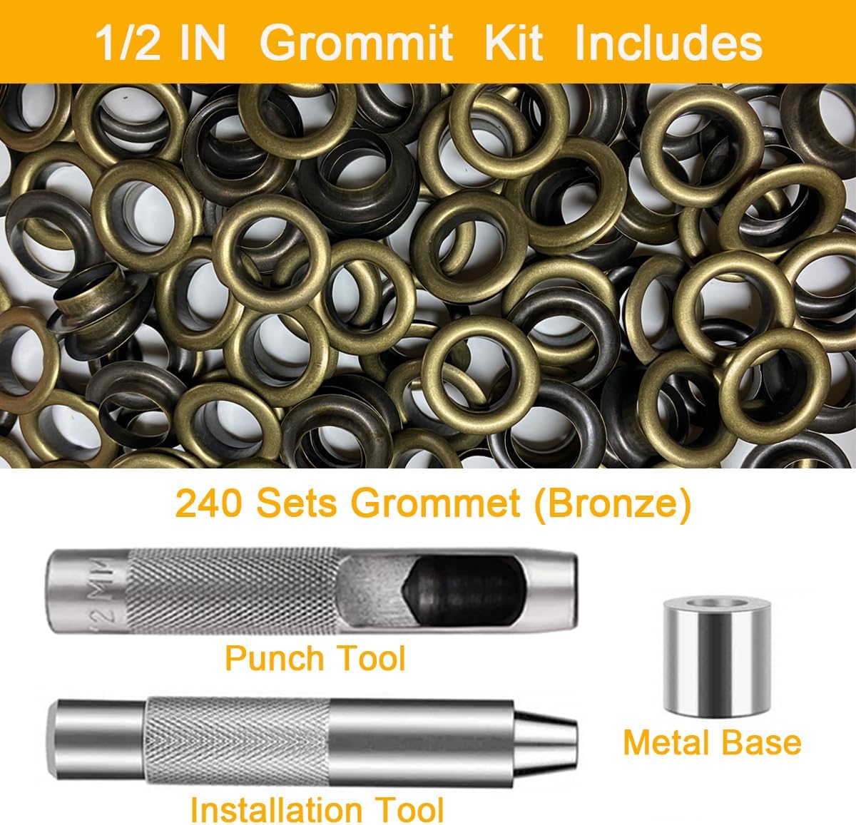 Kit de ojales de 12 pulgada, 240 juegos de ojales de bronce con 3 herramientas de instalación y caja de almacenamiento, kit de ojales para tela,