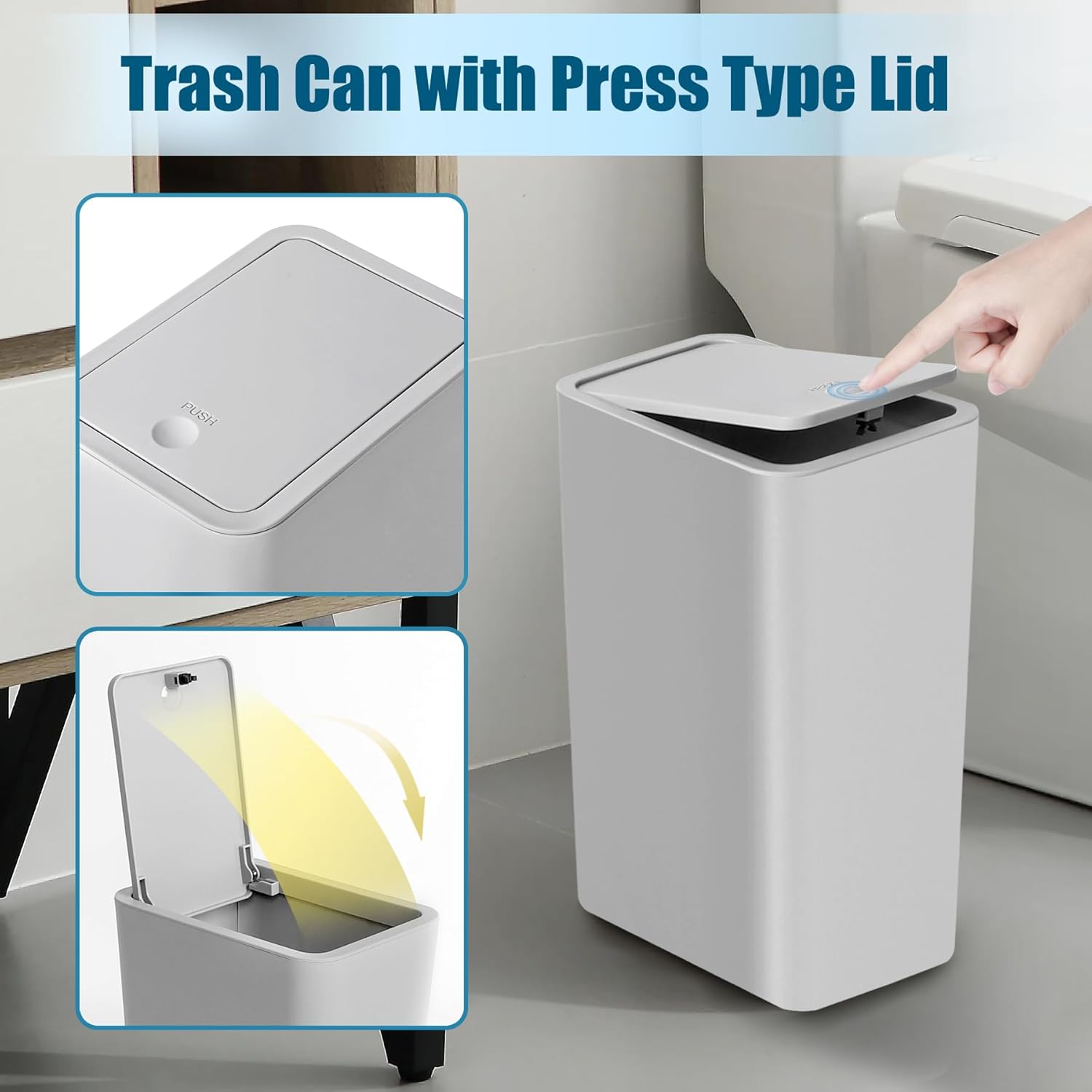 Basurero de baño con tapa, cubo de basura delgado de 10 litros2.6 galones, cesta de basura pequeña con tapa desplegable para cocina, dormitorio,