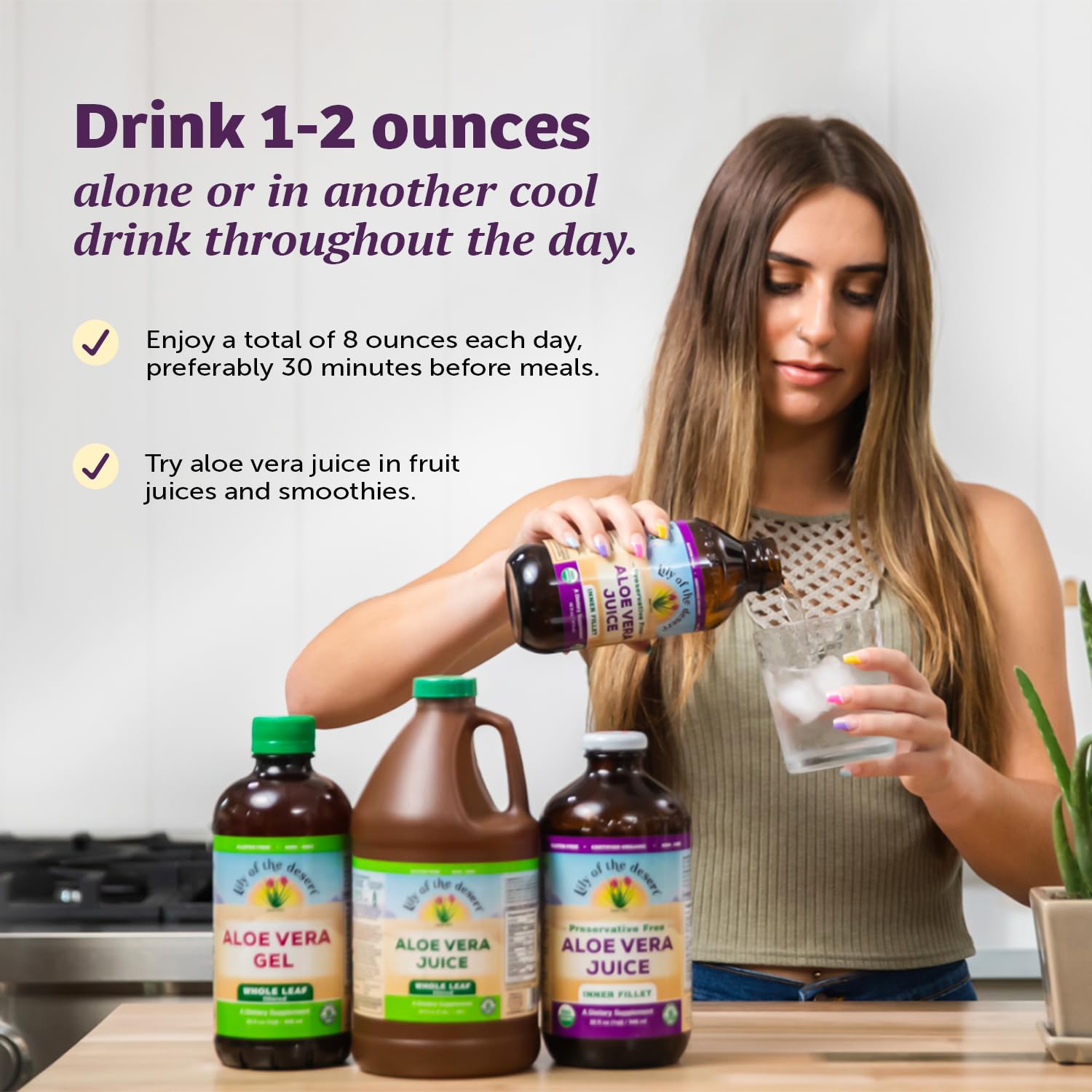 Lily of the Desert Jugo de aloe vera, sin conservantes, bebida de aloe vera filtrada de hoja entera, jugo de aloe orgánico certificado por USDA para