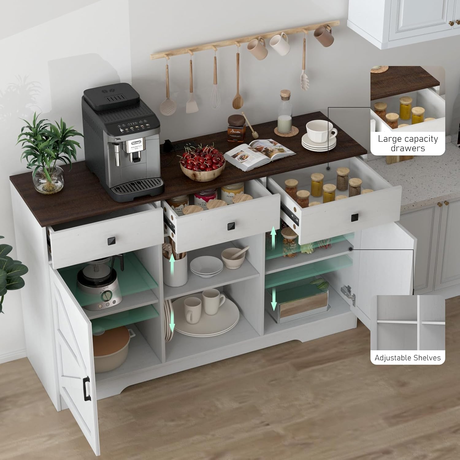 Gabinete de café blanco, gabinete de almacenamiento de bufé de cocina de 54 pulgadas con puertas y cajones, aparador de granja, mesa de bufé,