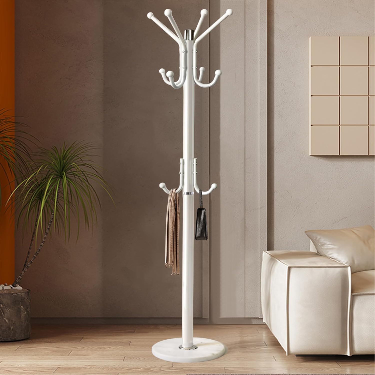 Perchero de metal moderno independiente con base de mármol natural, perchero de metal resistente con 11 ganchos, perchero de dormitorio, árbol de