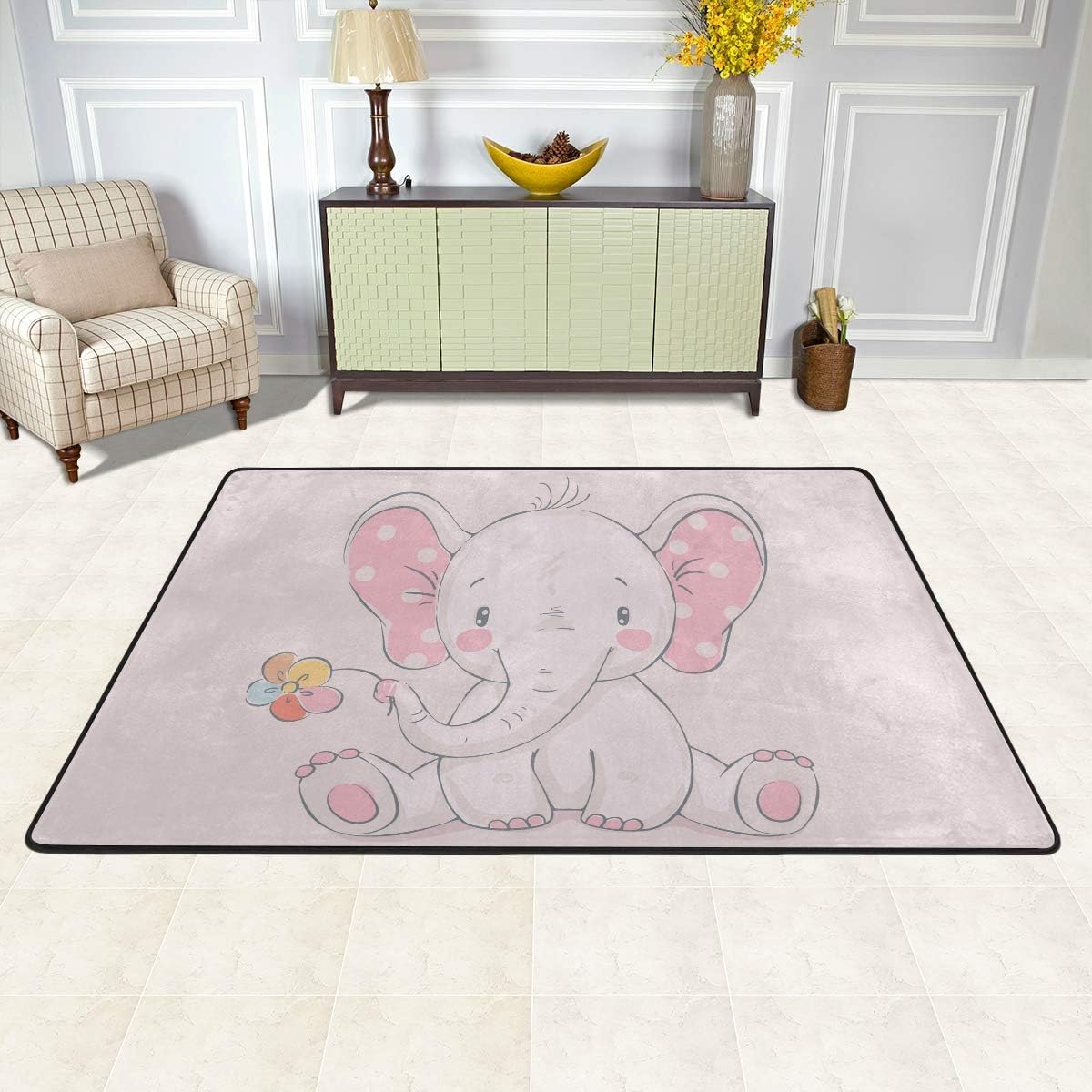 STAYTOP Alfombra para habitación de bebé y sala de juegos, diseño de elefante rosa y flor, tapete de yoga para suelo de niños, 4 x 6 pies (48 x 72