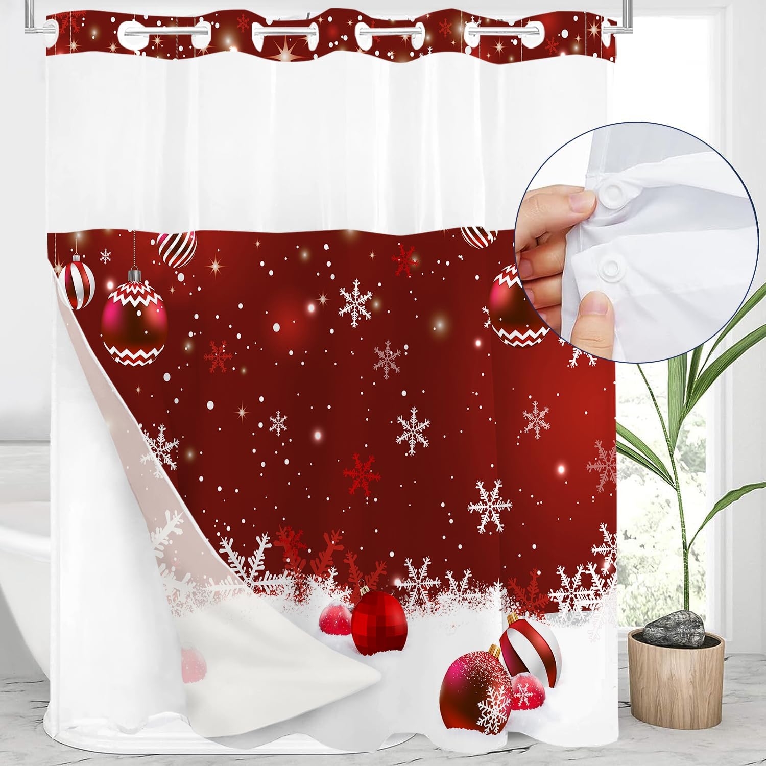 PAOPOED Cortina de ducha de Navidad sin gancho, copos de nieve de Navidad rojos, bolas de Navidad divertidas con purpurina brillante, cortinas de