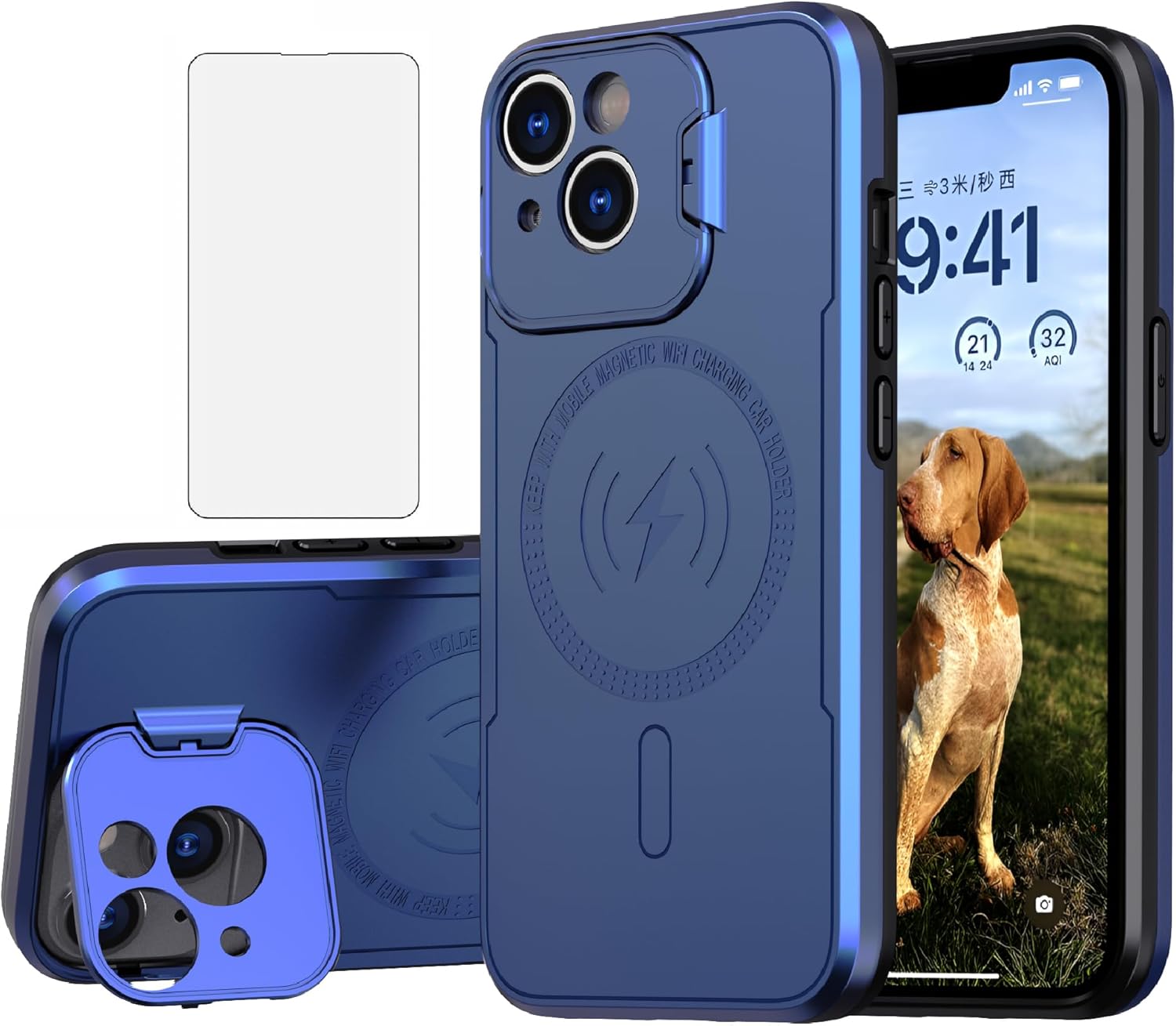 Asuwish Funda de teléfono para iPhone 14 de 6.1 pulgadas con protector de pantalla de vidrio templado Magsafe y soporte delgado, funda rígida