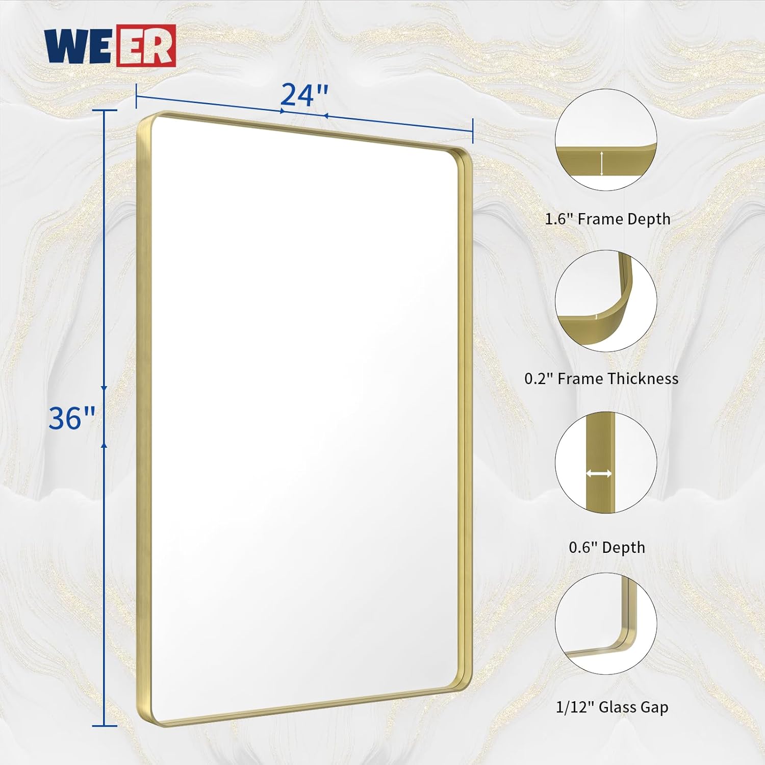 WEER Espejo de baño dorado, 24 x 36 pulgadas, marco de metal dorado cepillado, espejo rectangular redondeado de baño dorado para pared, vidrio