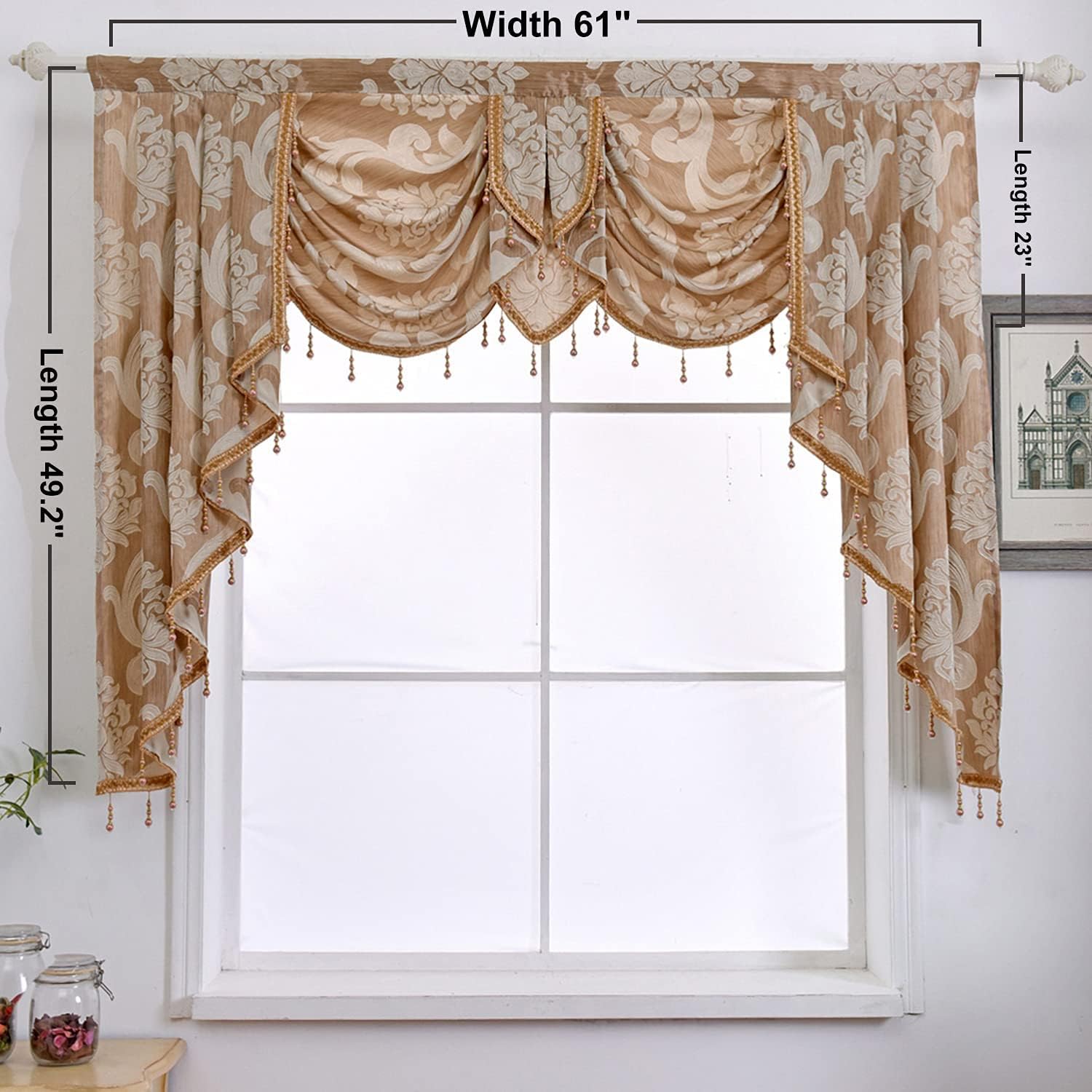 NAPEARL Cenefa de cascada para ventanas, cenefa de damasco para sala de estar con cuentas, cenefa de cortina jacquard para ventanas (1 cenefa beige,
