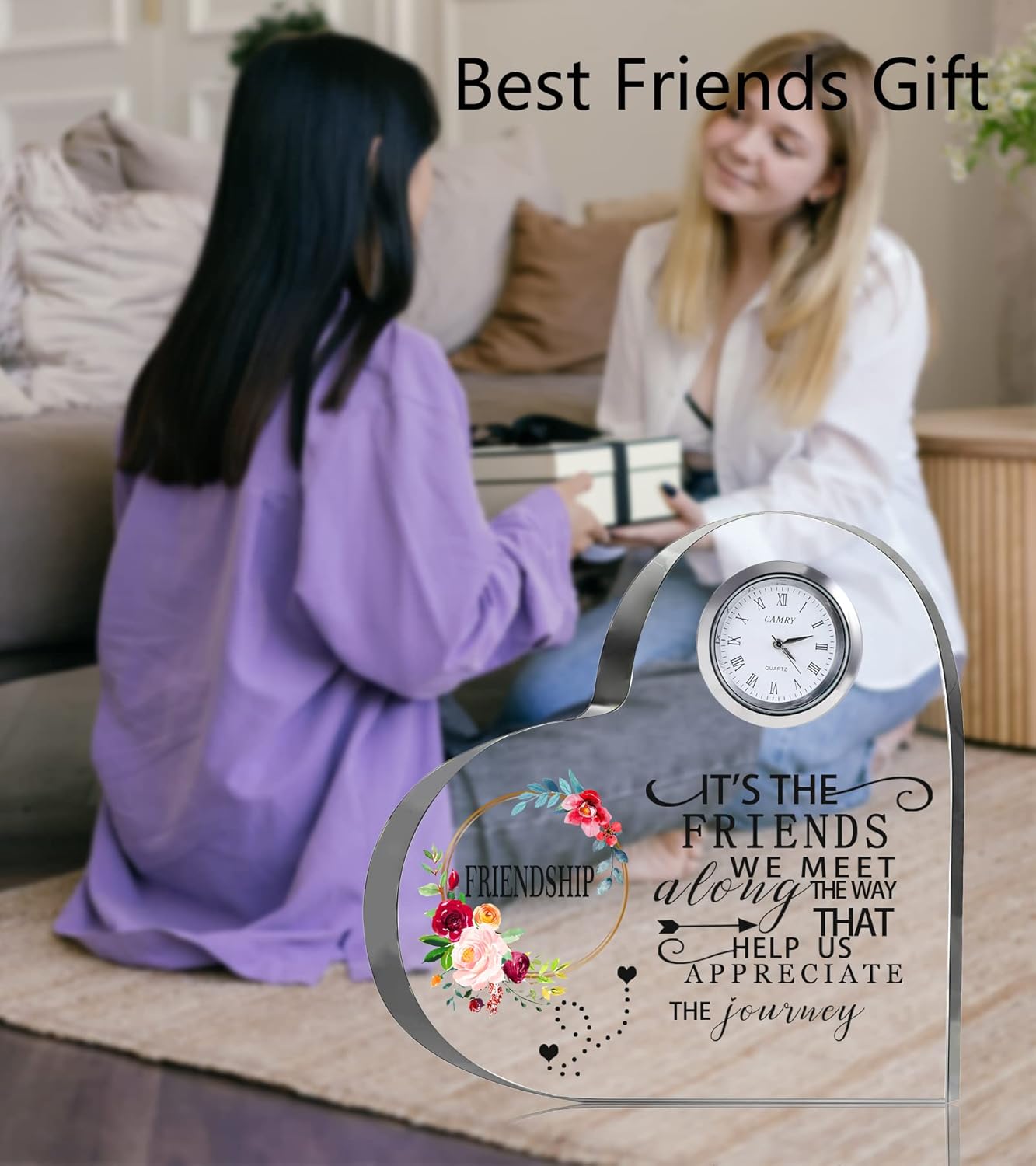 Movdyka Regalos de amistad para mujeres, amigos, corazón de cristal de 5.9 pulgadas, cristal grande de flores con reloj, el mejor regalo único para