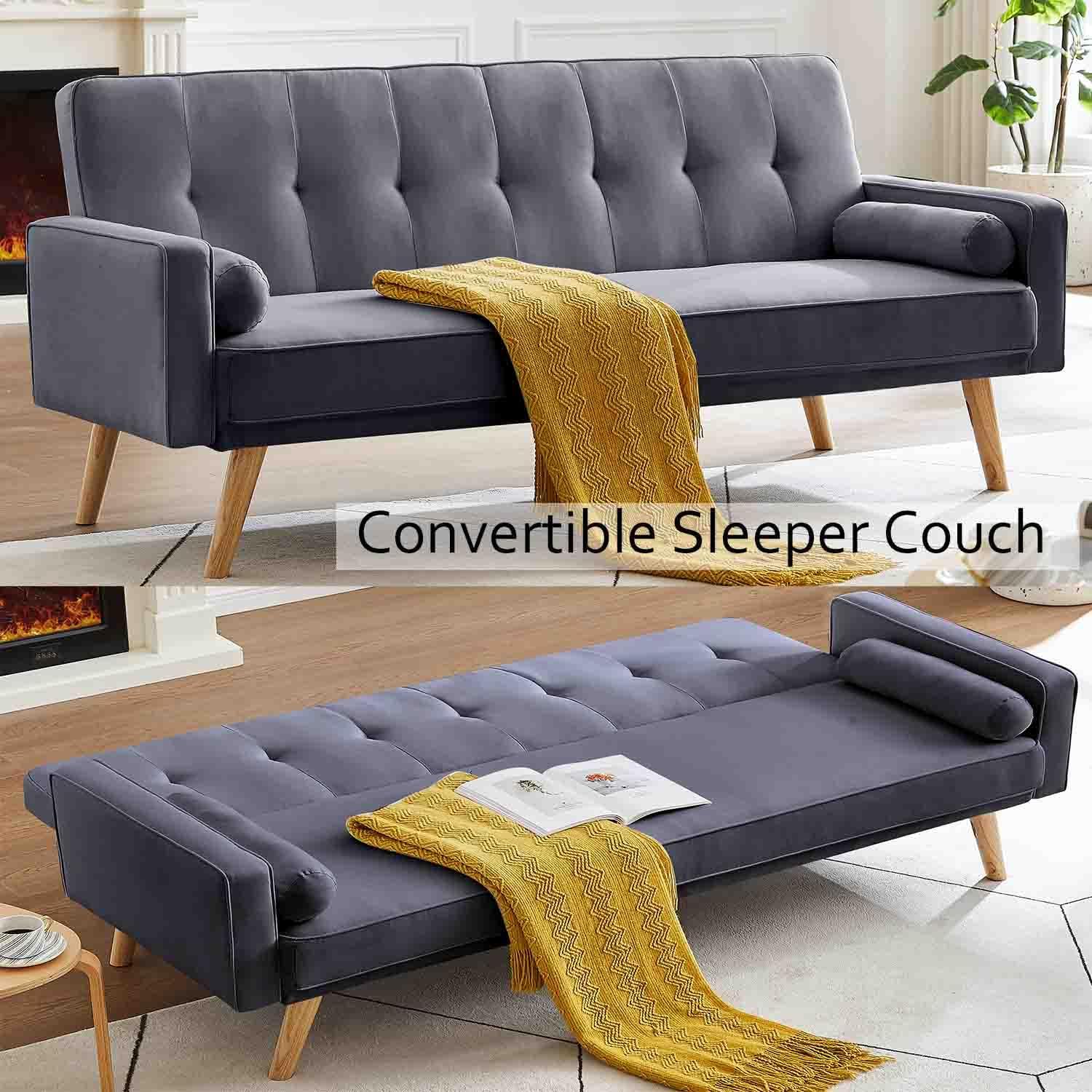 Sofá cama tipo futón de mediados de siglo de 72 pulgadas, sofá cama convertible con patas de maderareposabrazosalmohadas, sofá biplaza tapizado