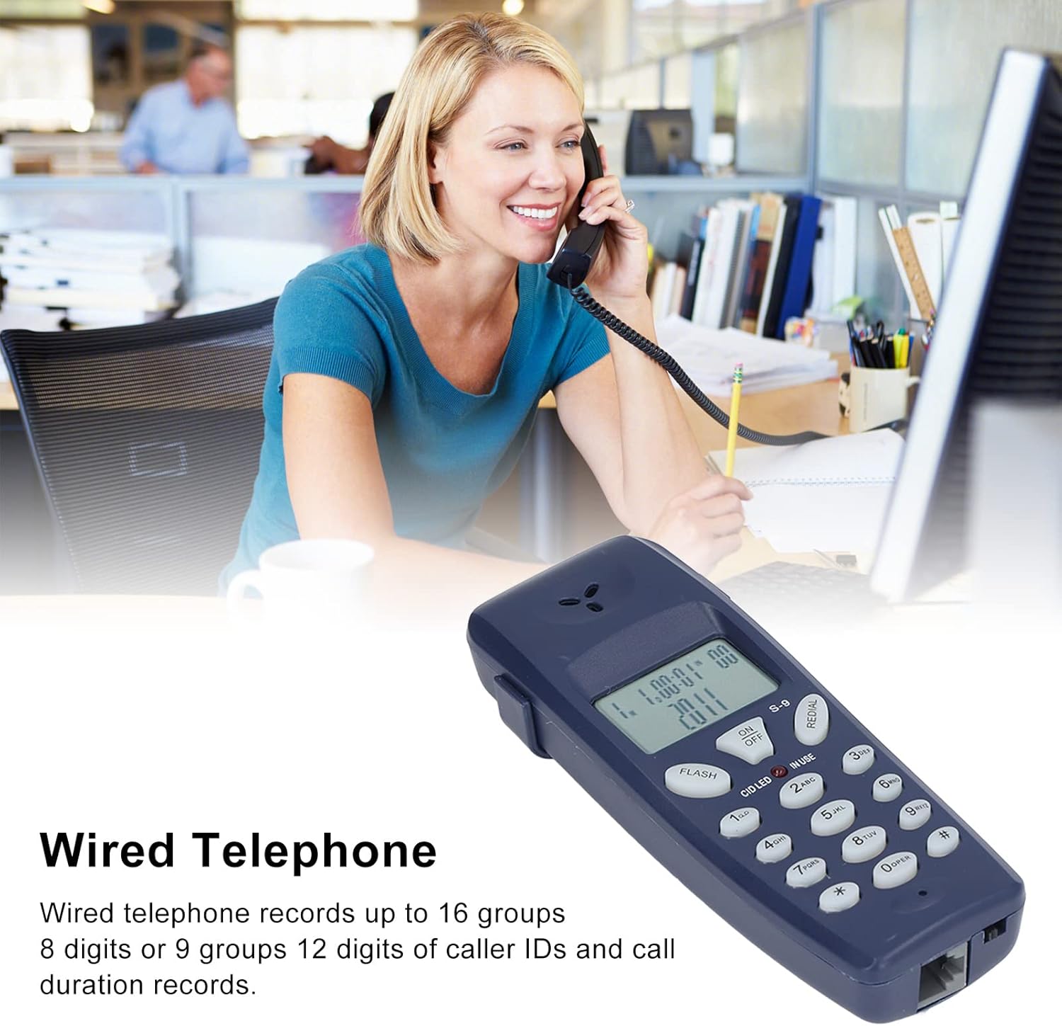 Teléfono con cable, FSK, DTMF Identificador de llamadas Teléfono fijo con cable, con función de pausa de redireccionamiento, visualización de fecha