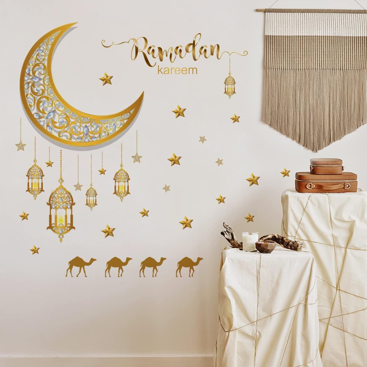 Calcomanías de pared de luna Ramadán Kareem lámpara de estrella amarilla camello, calcomanías de pared removibles para despegar y pegar, mural de