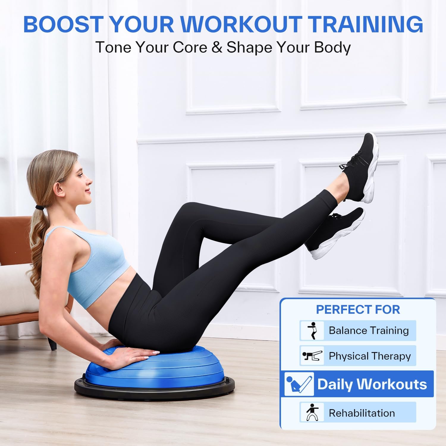 Sportneer Entrenador de pelota de equilibrio con bandas de resistencia y bomba, media pelota de yoga inflable para entrenamiento de cuerpo completo
