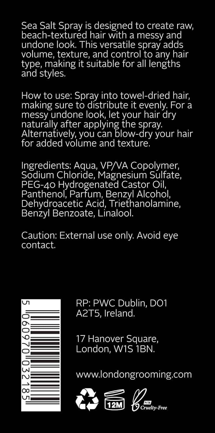 The London Grooming Company Agente de peinado del cabello, espray de sal marina para hombres, 2.0 onzas líquidas, sujeción firme, acabado mate,