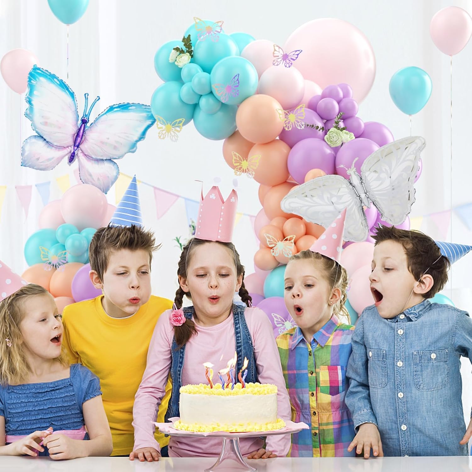 Kit de arco de guirnalda de globos pastel de mariposa, decoración de cumpleaños de mariposa rosa púrpura con calcomanías de mariposa, globo de