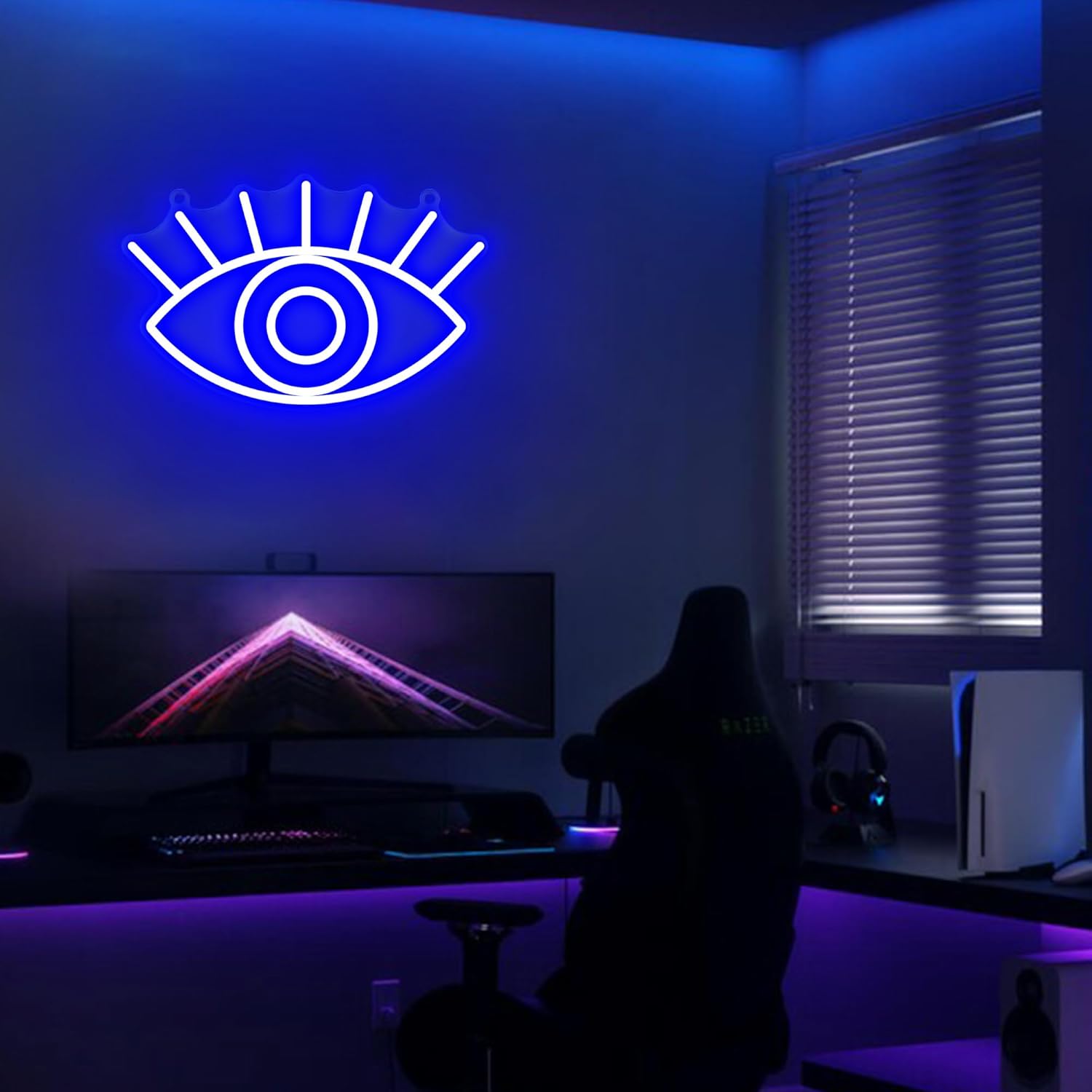 Attivolife Letrero de neón de ojos, luz nocturna decorativa azul malvado de ojo con alimentación USB, decoración de pared para dormitorio, sala de