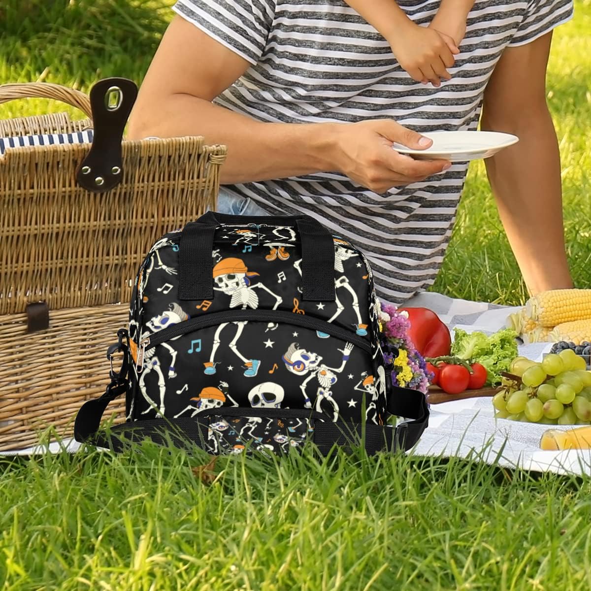 Bolsas de almuerzo aisladas con diseño de esqueleto bailarín para mujeres y hombres, adultos, día de los muertos, bolsa térmica reutilizable con