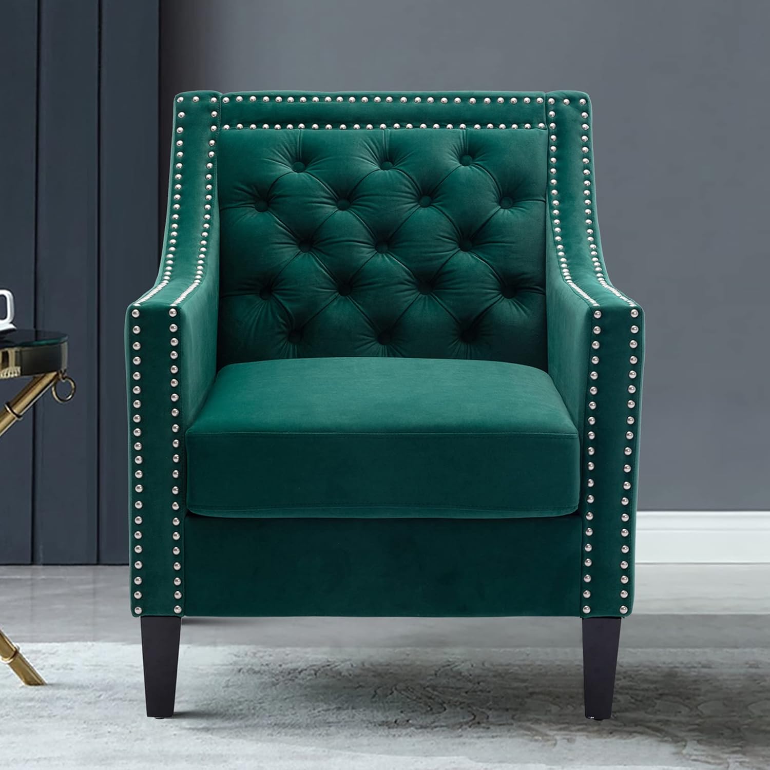 Accent Chairs – Silla decorativa de terciopelo moderna de mediados de siglo con cabezas de clavos, silla de sala de estar con patas de madera