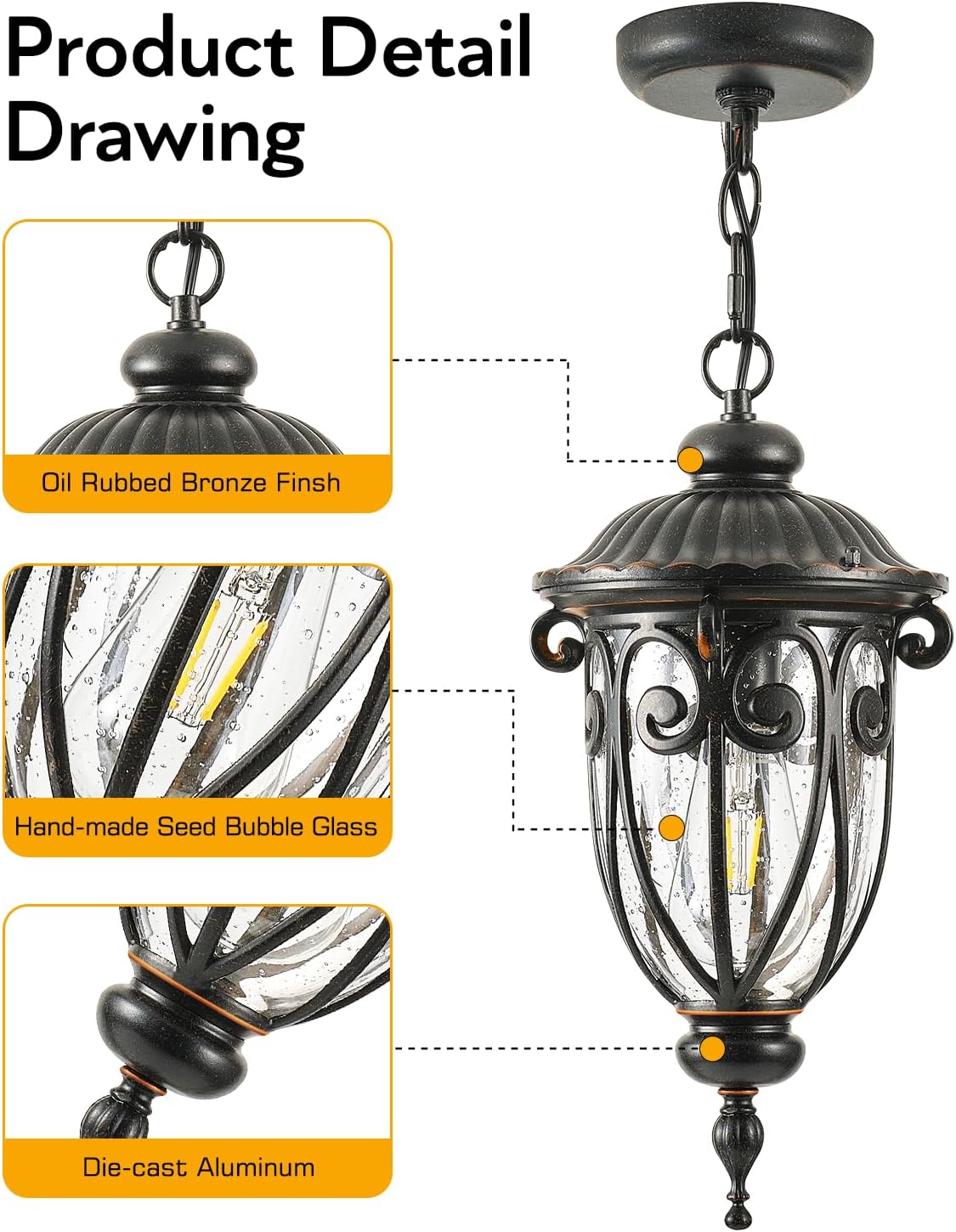 VIANIS Farol colgante para exteriores, lámpara de araña al aire libre de granja, luces colgantes vintage al aire libre con vidrio semilla, luces de