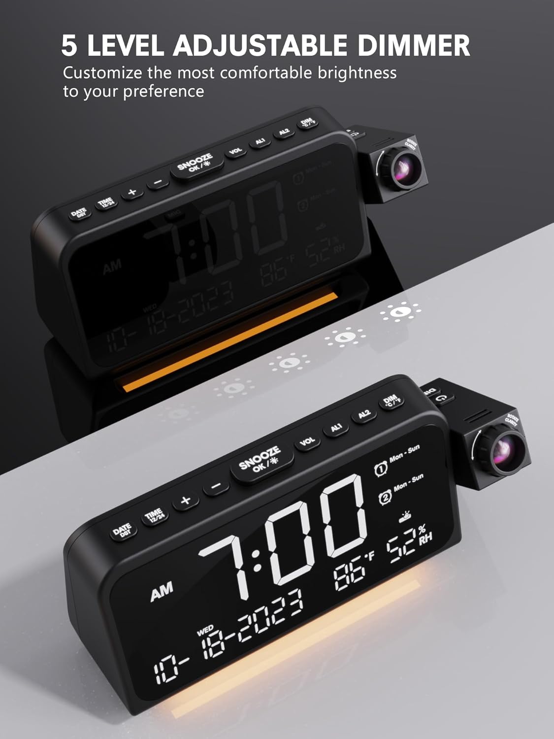 Reloj despertador de proyección con luz nocturna, fecha, temperatura, pantalla de humedad, proyector de reloj digital en la pared del techo con