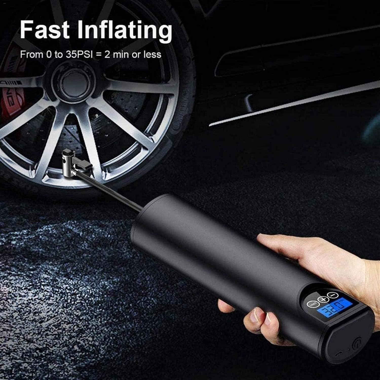CAFFIA Compresor de aire portátil Mini inflador de aire bomba de neumáticos de mano 2000mAh con luz LED LCD digital 12V AC DC batería de litio