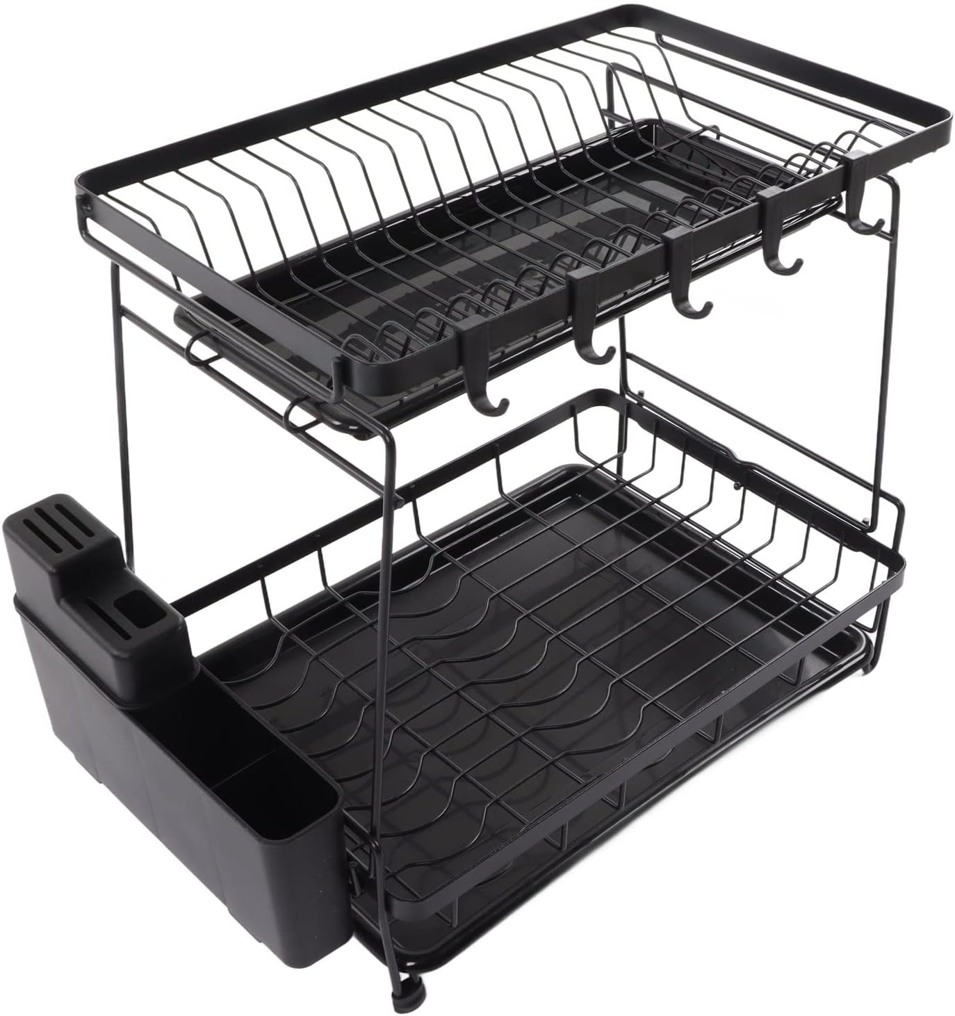 Escurridor de platos con escurridor de platos grande de 2 niveles con soporte para utensilios, estante para tazas, colador de disco de acero al