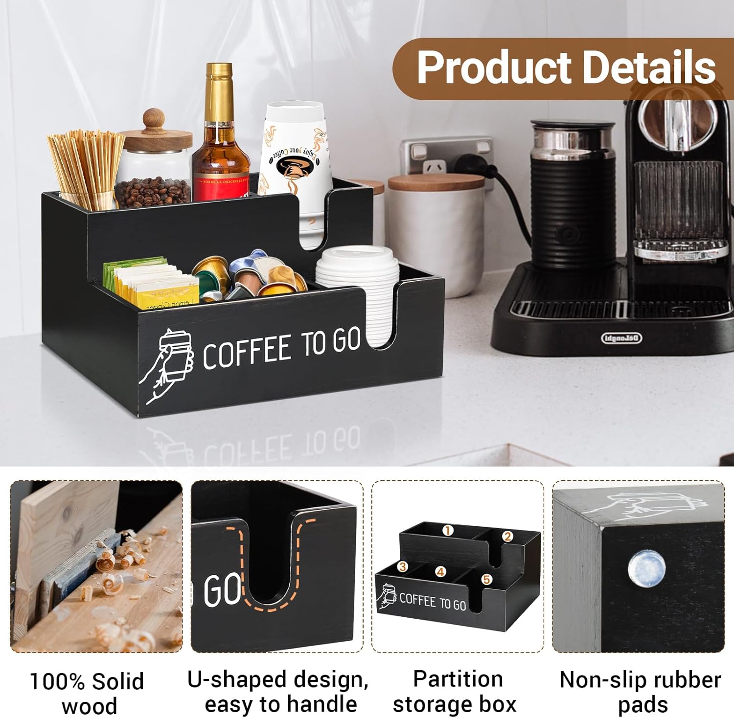 ugiftt Organizador de barra de café, organizador de estación de café, dispensador de taza de café de madera para mostrador, soporte de taza