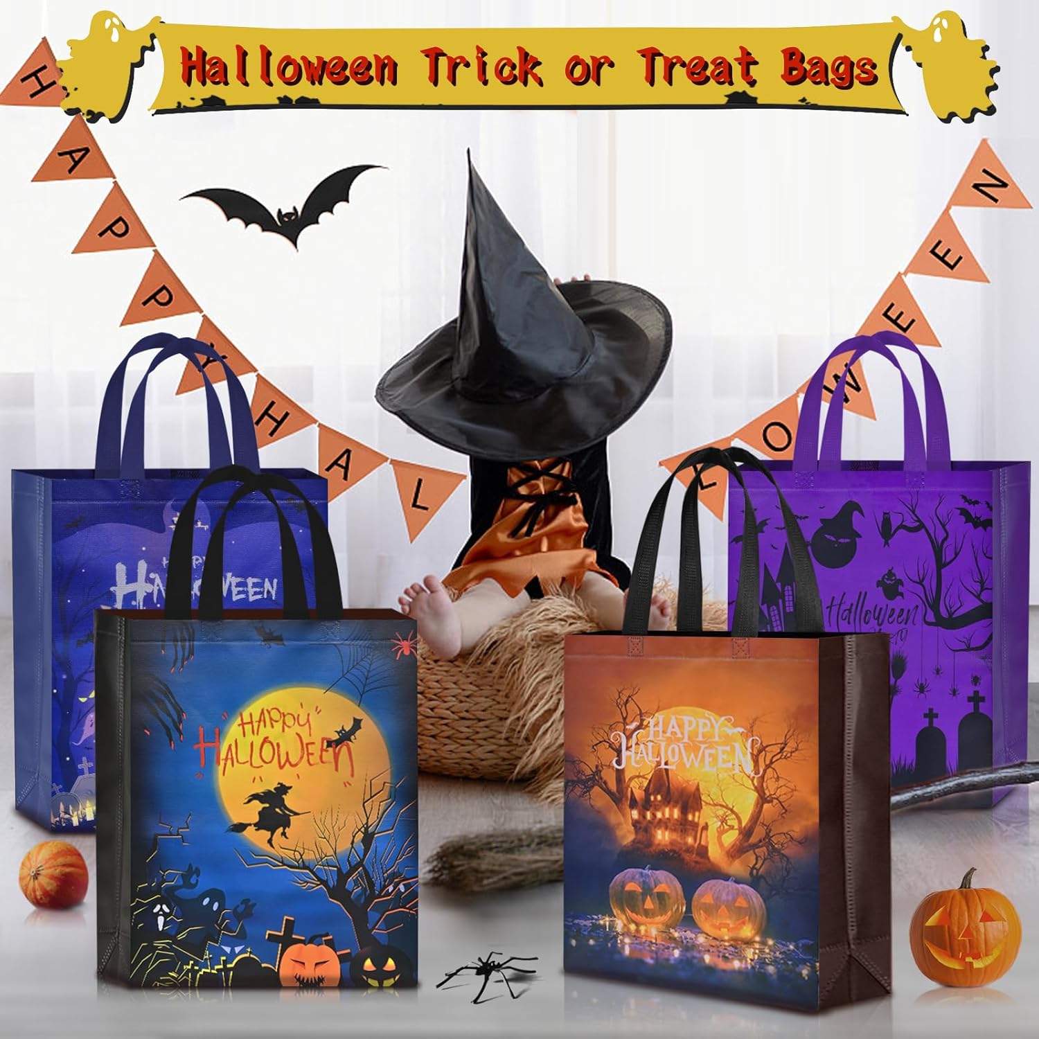 AhfuLife 12 bolsas de Halloween para dulce o truco, bolsas grandes de dulces de Halloween con asas para niños, bolsas de regalo reutilizables de