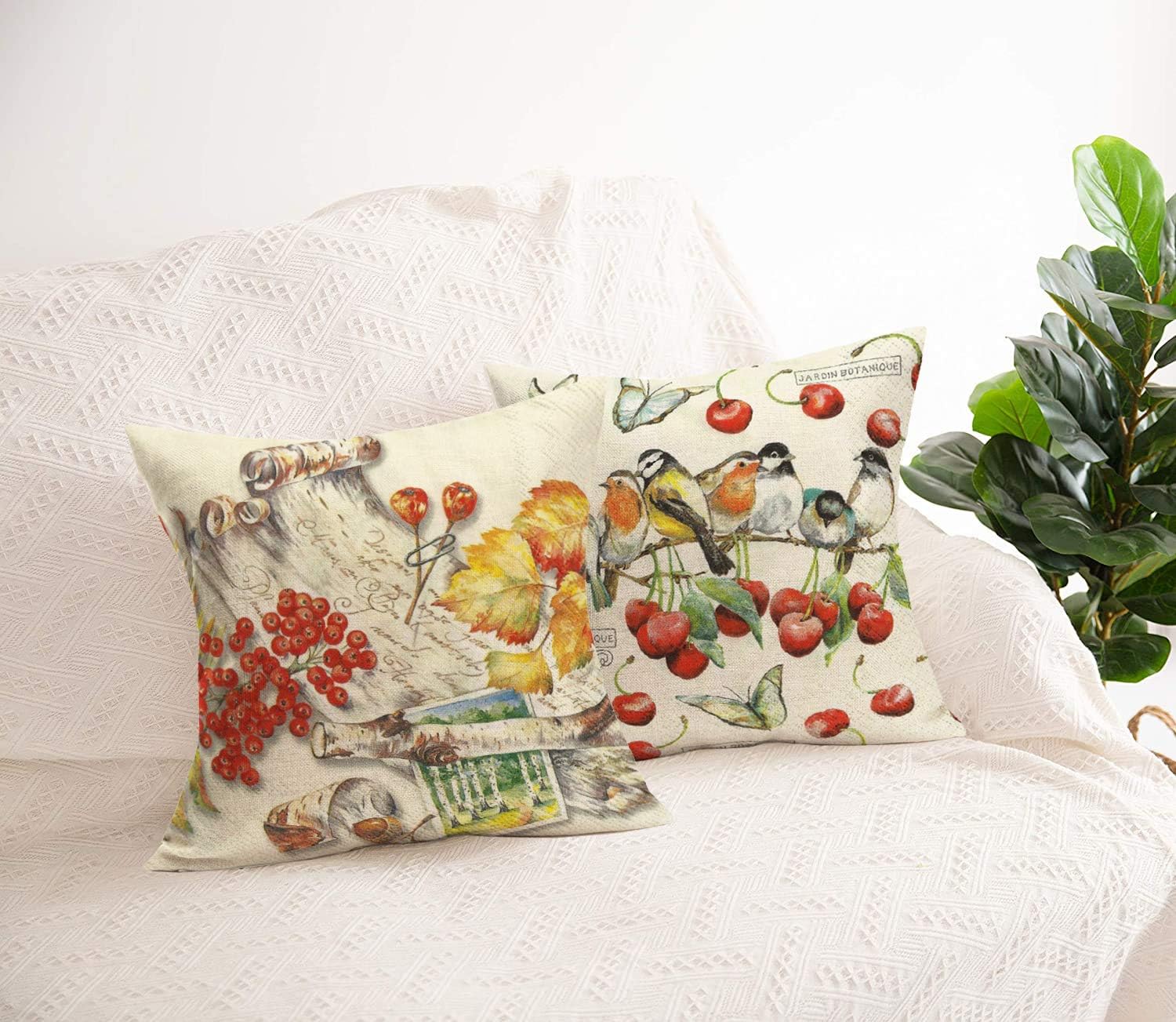 Juego de 2 fundas de almohada decorativas de estilo rústico con diseño de pájaro de animales y muérdago, para otoño, exteriores, mariposas,