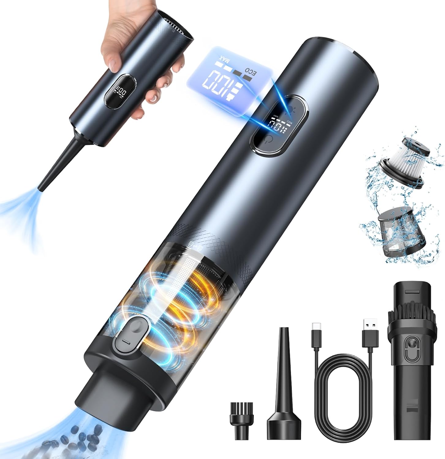 Aspirador de coche de alta potencia, potente aspiradora inalámbrica de mano de 16000 PA, aspiradora portátil 3 en 1 con pantalla LCD, luz LED y