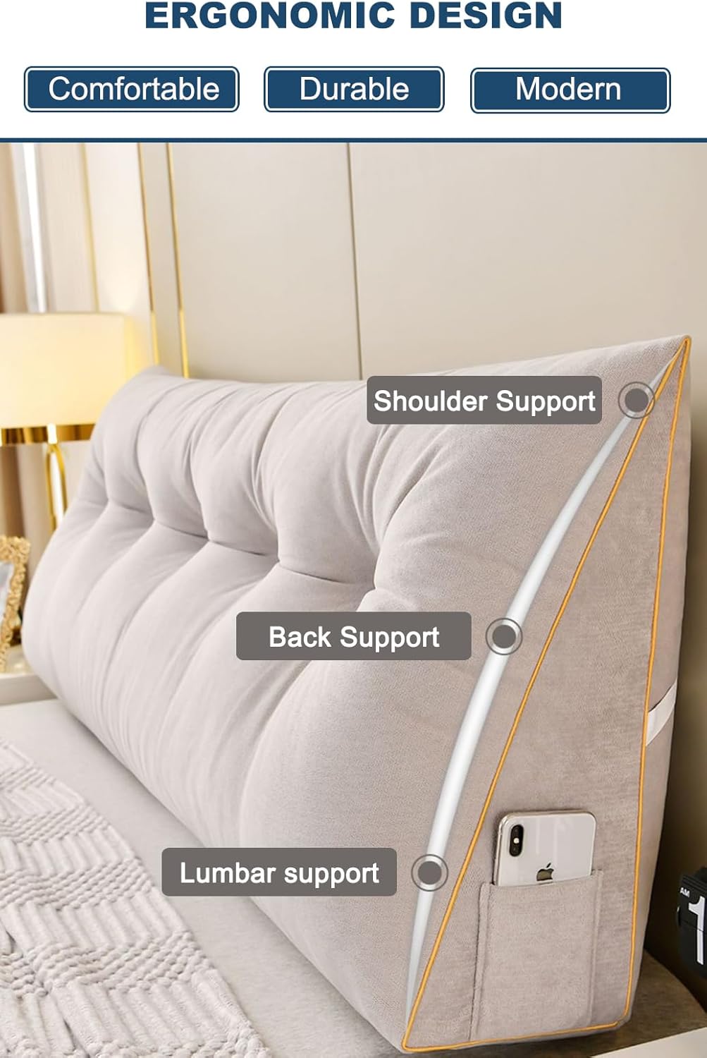 NENAGGE Almohada triangular para cabecero, almohada de cuña para cama de día, almohada grande de respaldo de lectura con correas fijables, cojín de