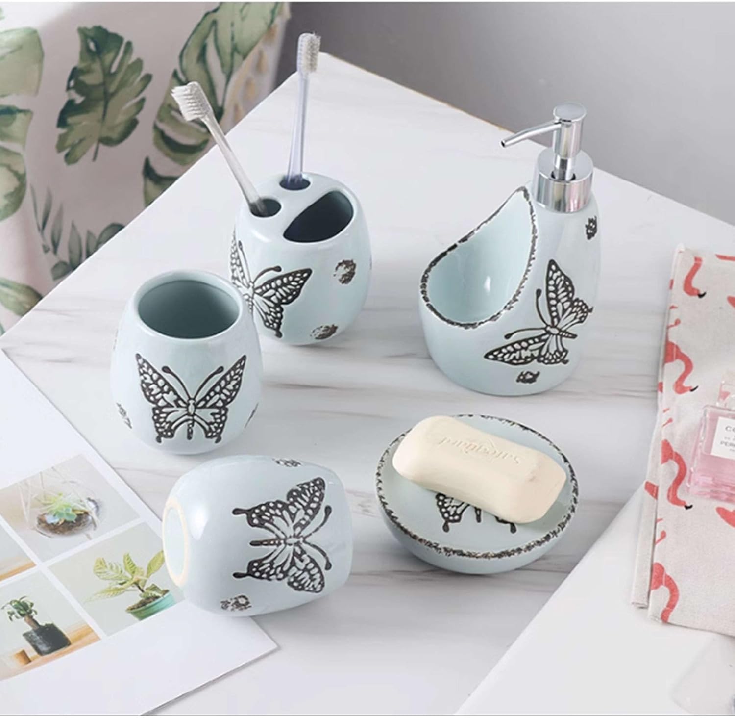 Dispensador de jabón de vidrio con bomba amplia, juego de accesorios de baño, accesorios para baño, regalo de cerámica contiene vaso de cepillo de