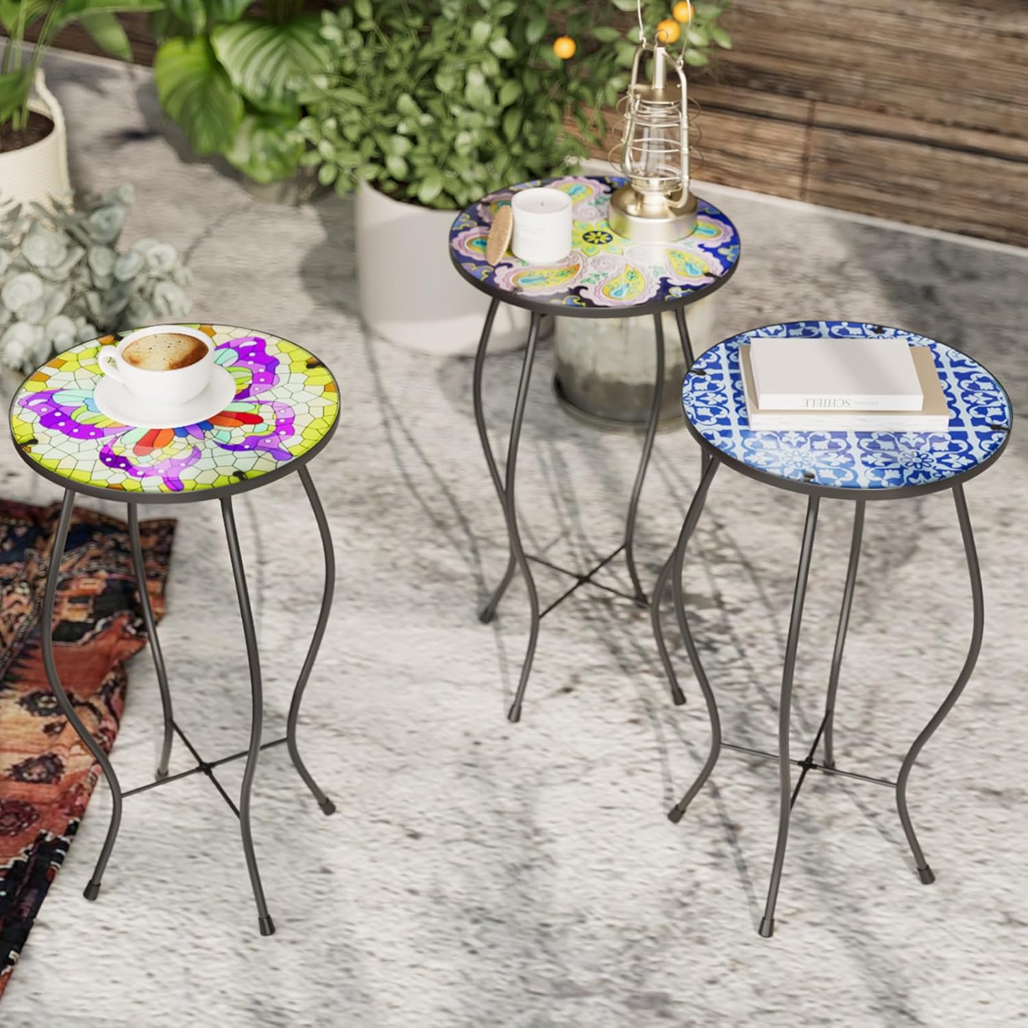 Paytonture Mesa auxiliar de patio, mesa de mosaico al aire libre, mesa auxiliar de plantas, porche pequeño, mesa azul y blanca para interiores,