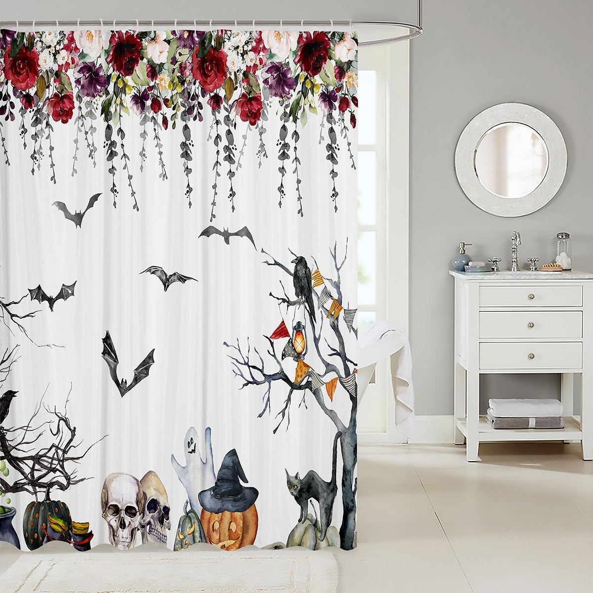 Manfei Cortinas de ducha de Halloween con diseño de murciélagos negros, calabaza, fantasma, calavera, cortinas de baño para niños y adultos,