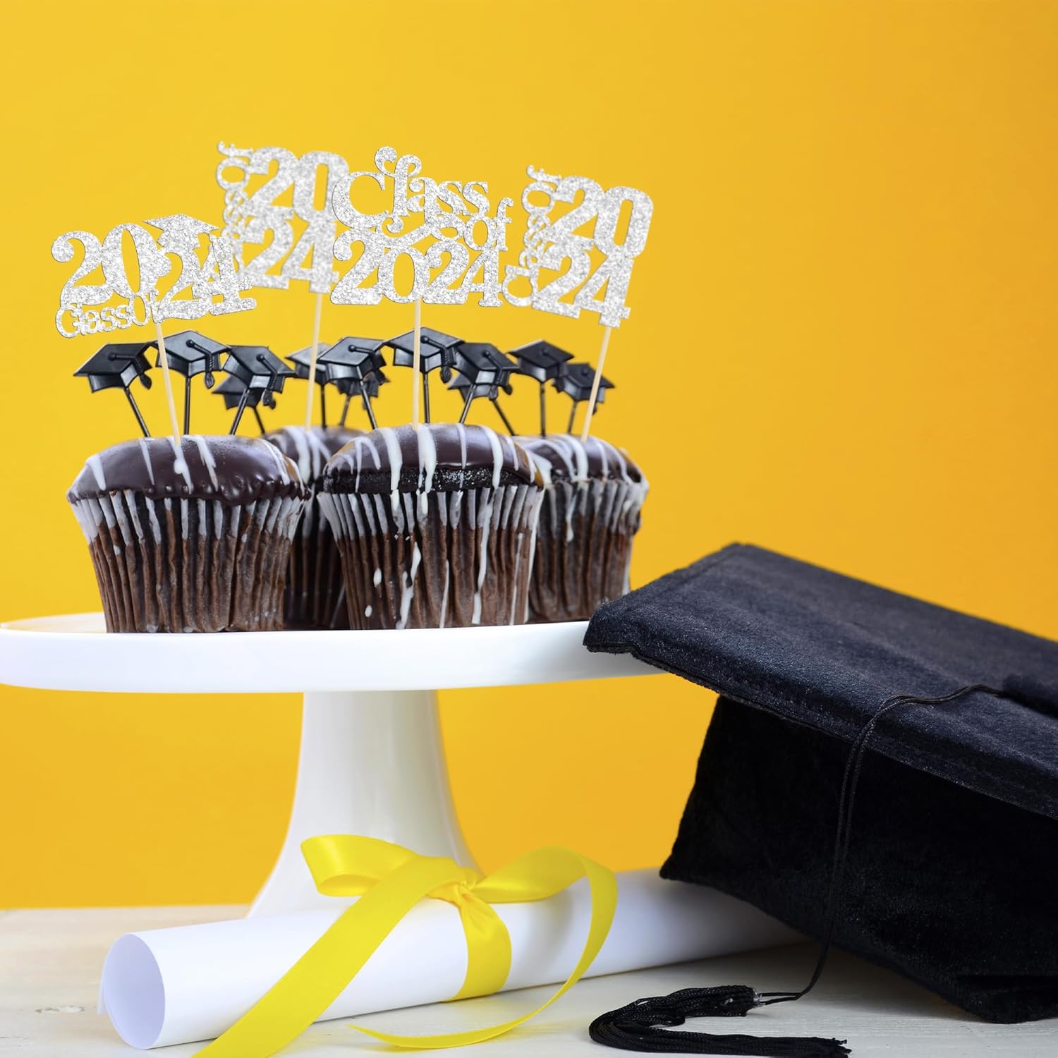 Paquete de 30 decoraciones para cupcakes de graduación 2023 con purpurina para la clase de 2023, decoraciones para la clase de 2023, suministros de