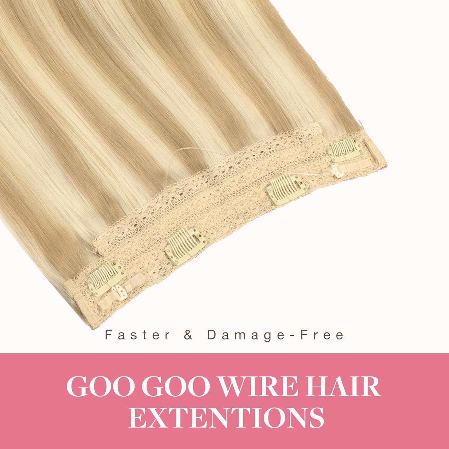 GOO GOO Extensiones de cabello humano real con alambre, 14 pulgadas, 2.65 oz, rubio oscuro con reflejos rubio decolorado, extensiones de cabello con