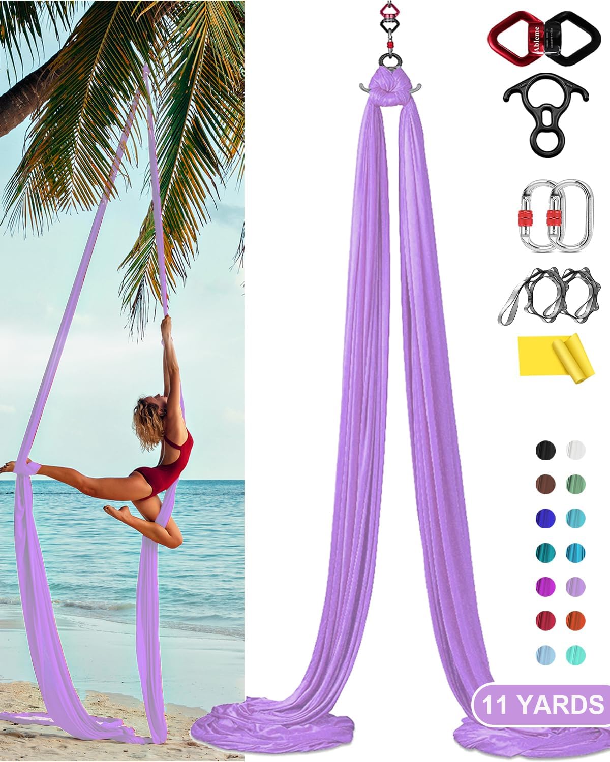 Kit de hamaca de yoga de seda aérea de 11 yardas nailon tricot de seda para danza aérea para el hogar, gimnasio, gimnasia, herramientas y guía de