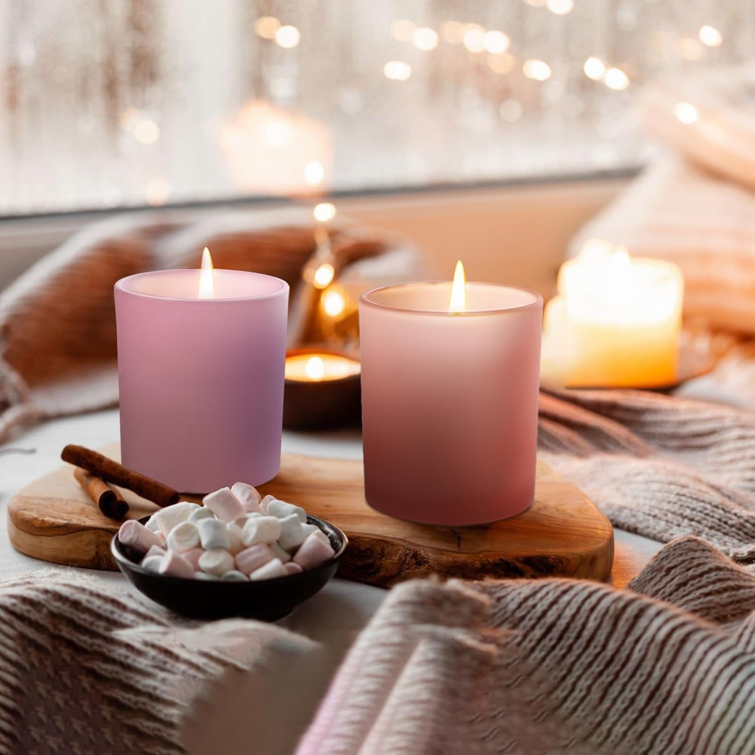 SHOWIN Tarros de vela de vidrio de 10 onzas para hacer velas, 15 unidades, tarros de color rosa esmerilado con tapas de madera para tarros de