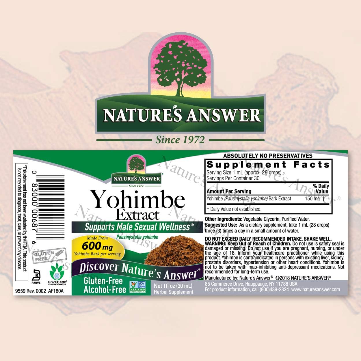 Nature’s Answer Extracto de corteza de yohimbe sin alcohol de 600 mg de 1 onza  Apoya el bienestar sexual masculino y la circulación  Promueve el