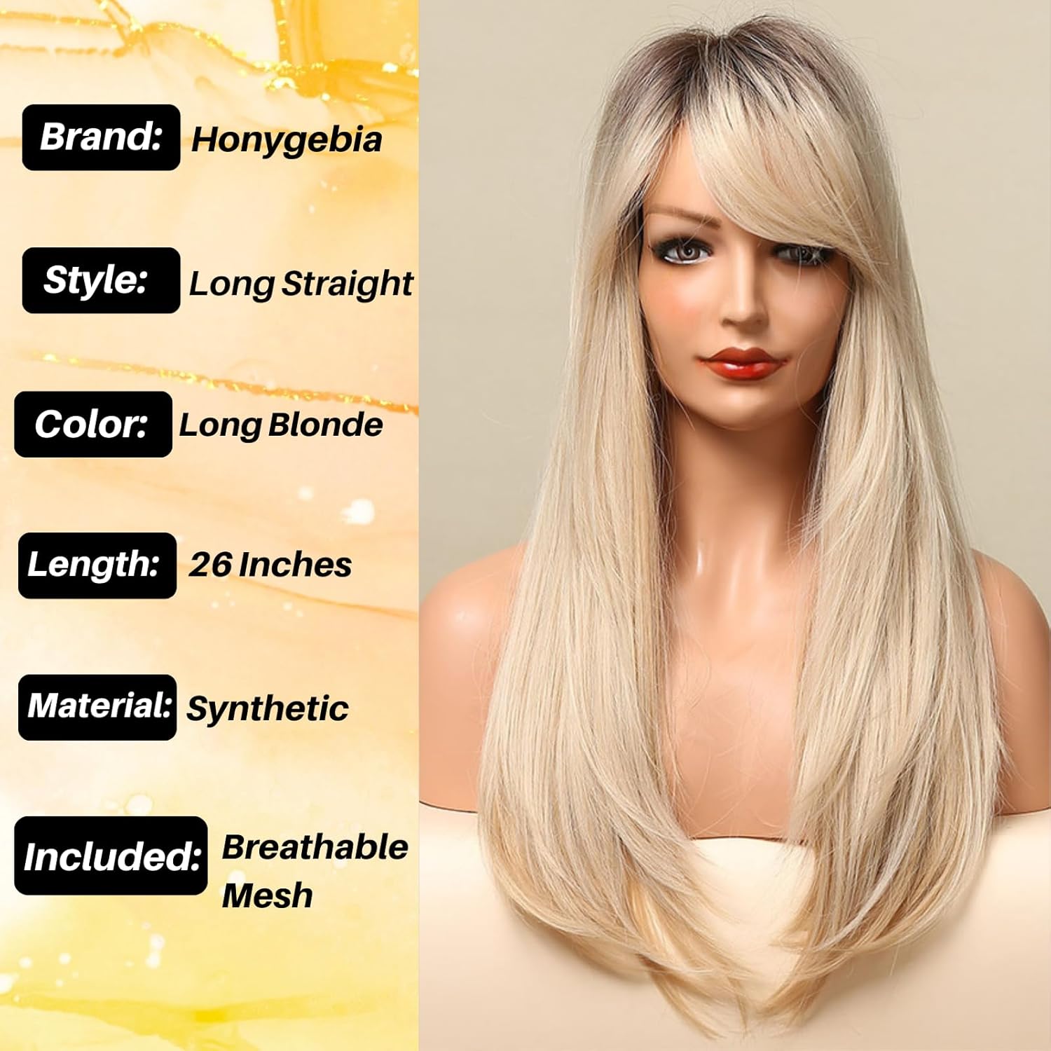 Honygebia – Peluca rubia con flequillo lateral, pelucas largas y lacias para mujeres blancas, pelo sintético color rubio oscuro ombré, resistentes