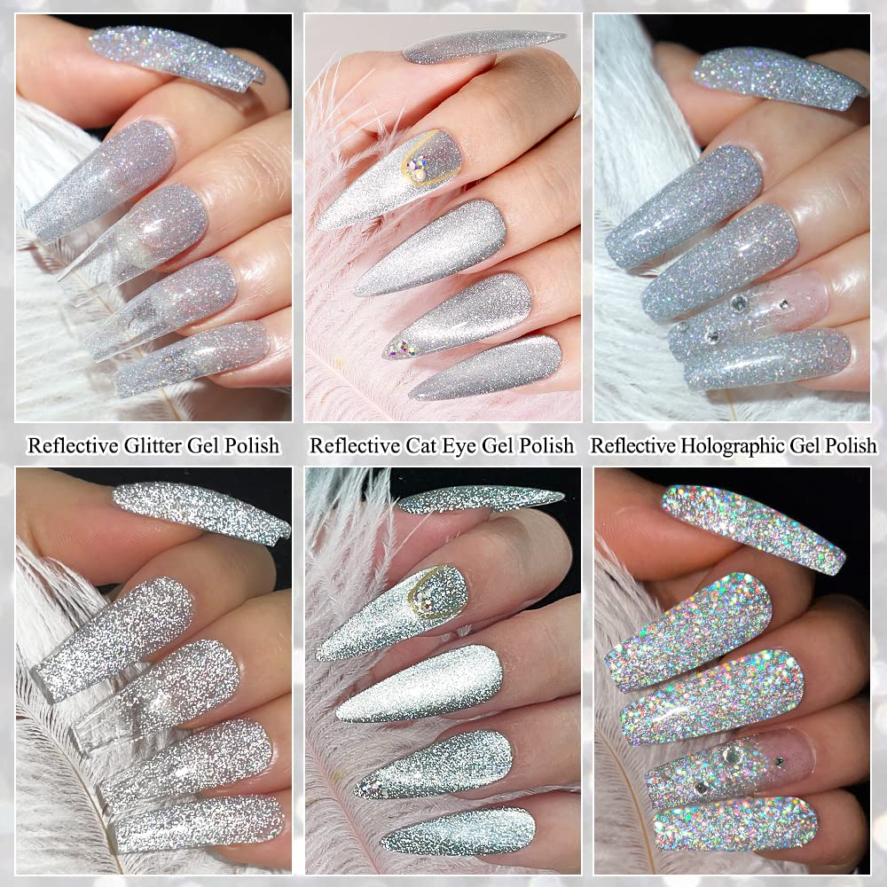 MIZHSE Juego de 8 esmaltes de uñas de gel con purpurina plateada, estilo múltiple todo en 1, brillo reflectante, arco iris, ojo de gato, esmalte de