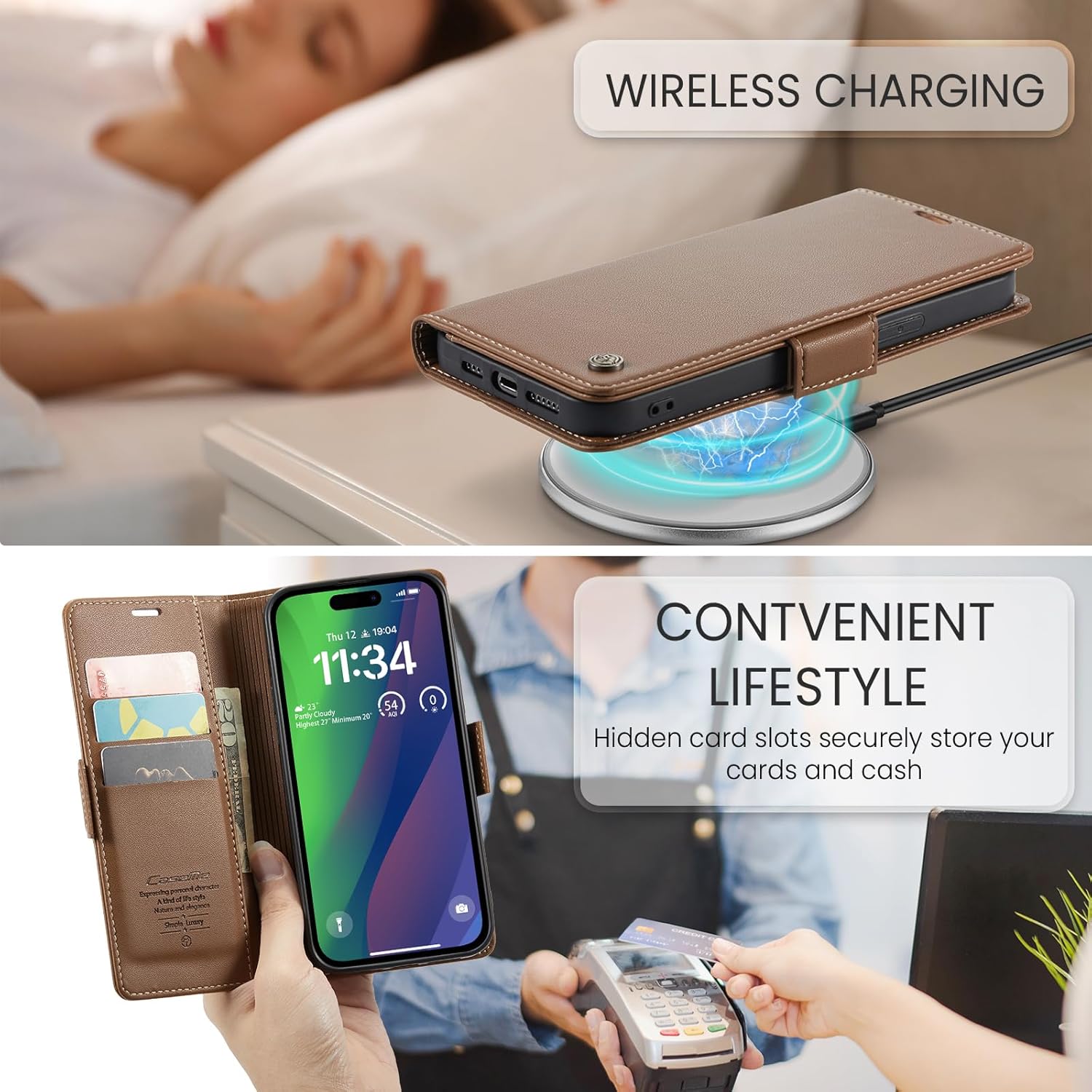 Funda para iPhone 15, bloqueo RFID Funda de piel sintética con tarjetero y soporte para tarjetas, funda a prueba de golpes para iPhone 15 (6.1
