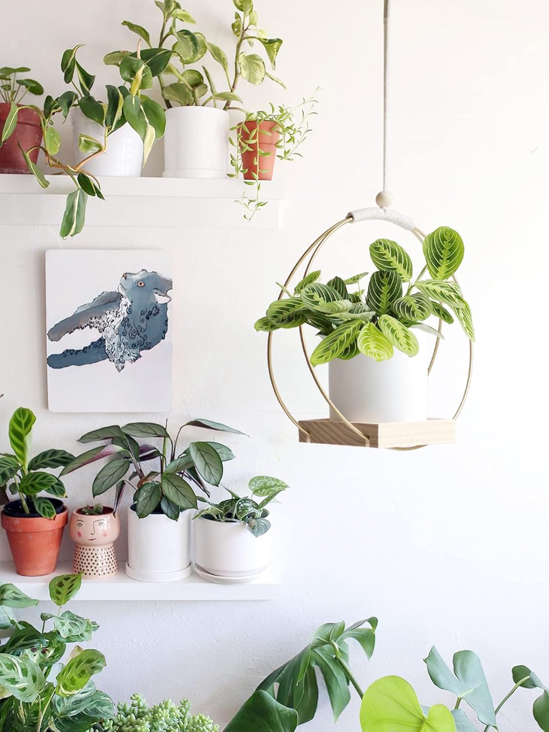 Dravmola Colgadores de macramé para plantas con base de madera, paquete de 2 soportes bohemios colgantes para plantas de interior, macetas colgantes